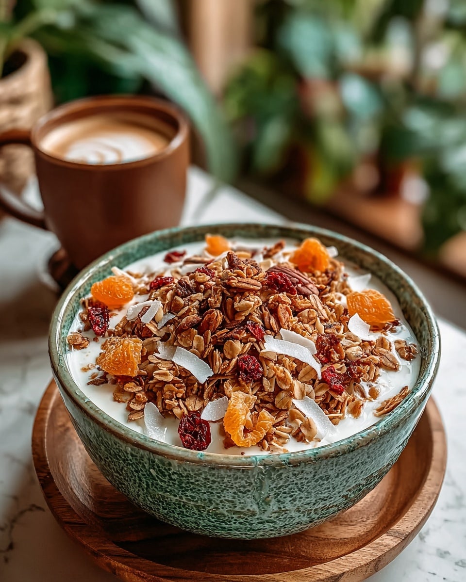 A close-up shot of a bowl filled with white creamy yogurt as the base layer, topped with a generous layer of crunchy light brown granola mixed with darker brown nuts and dried red berries, along with scattered bright orange dried fruit pieces and white shredded coconut sprinkled over the top. The bowl itself has a textured green exterior and sits on a round wooden tray over a white marbled surface. In the blurred background, a brown ceramic mug with a light foam drink is visible next to indoor green plants. photo taken with an iphone --ar 4:5 --v 7