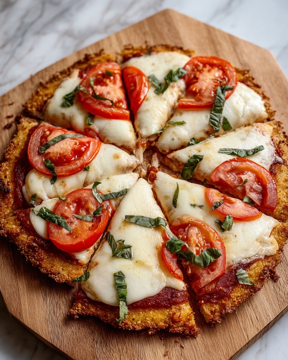 A pizza is shown on a wooden board with six slices. The base layer is a thick, crispy, golden-brown crust with a rough texture. On top of the crust is a smooth, rich, dark red tomato sauce spread evenly. The next layer has melted white mozzarella cheese that stretches and bubbles, covering most of the tomato sauce. On top of the cheese are bright red, fresh tomato slices, each topped with small strips of dark green basil leaves scattered around. The edges of the cheese are lightly browned, and the pizza looks freshly baked. The board sits on a white marbled texture surface. photo taken with an iphone --ar 4:5 --v 7