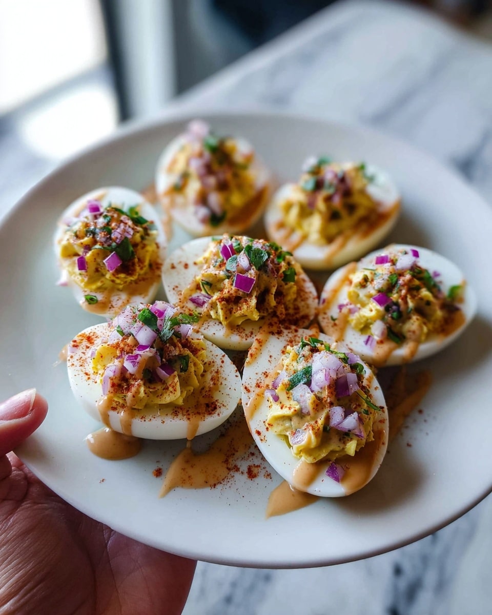 A white plate holds seven halved boiled eggs, each with three layers visible: the smooth white egg base, a creamy yellow filling that looks like mashed yolk mixed with mayonnaise, and a topping of finely chopped purple onions, green herbs, and a sprinkle of red paprika or chili powder. The filling is drizzled with a light brown sauce that drips slightly over the sides of the eggs. The plate is held by a woman's hand against a blurred background with a white marbled texture. photo taken with an iphone --ar 4:5 --v 7