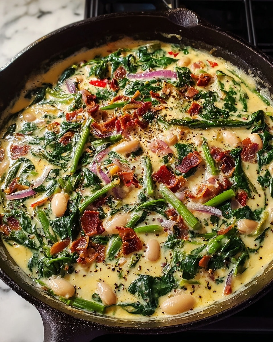 A close-up shot of a black cast-iron skillet filled with a creamy, orange-colored stew mixed with white beans and small pieces of red tomato. The stew has a smooth texture with visible herbs and spices. The dish is topped with finely chopped green herbs, spread evenly across the surface. The skillet sits on a white marbled kitchen countertop, with the soft light highlighting the rich colors and texture of the stew. Photo taken with an iphone --ar 4:5 --v 7