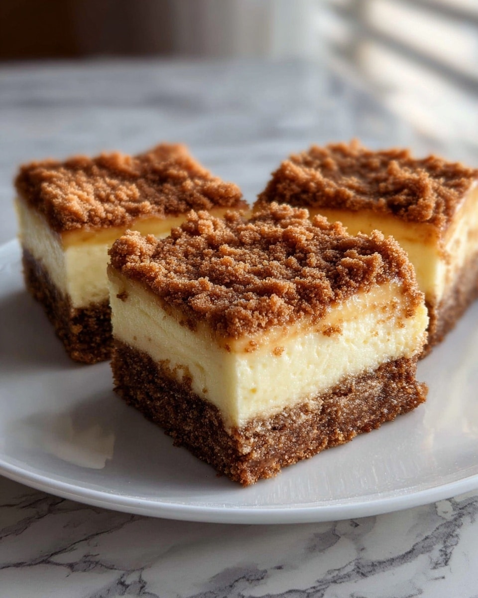 A close-up of a single square piece of dessert on a white plate with a white marbled surface beneath. The dessert shows three clear layers: a bottom layer of light brown crumbly crust, a thick middle layer of smooth, creamy off-white filling, and a top layer of dark brown crumbly cinnamon sugar topping with a rough texture. Behind it, there is a blurred view of another piece of the same dessert and a kitchen setting in soft focus. photo taken with an iphone --ar 4:5 --v 7