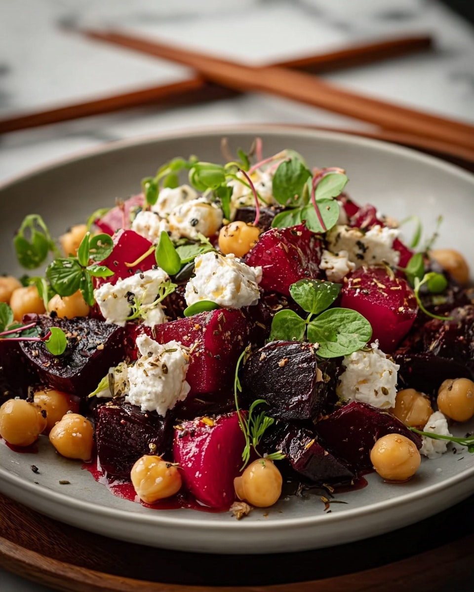 The image shows a dish in a white bowl with a mix of three main layers. The bottom layer is made of dark red and deep purple beet chunks with a glossy texture. The middle layer has round, pale yellow chickpeas scattered around the beets. The top layer is small, white, soft cheese pieces sprinkled with green herbs and tiny black pepper flakes. The dish is garnished with fresh green leaves and small sprigs, adding bright green spots across the bowl. The bowl sits on a white marbled surface with a blurry background that includes wooden chopsticks. Photo taken with an iphone --ar 4:5 --v 7