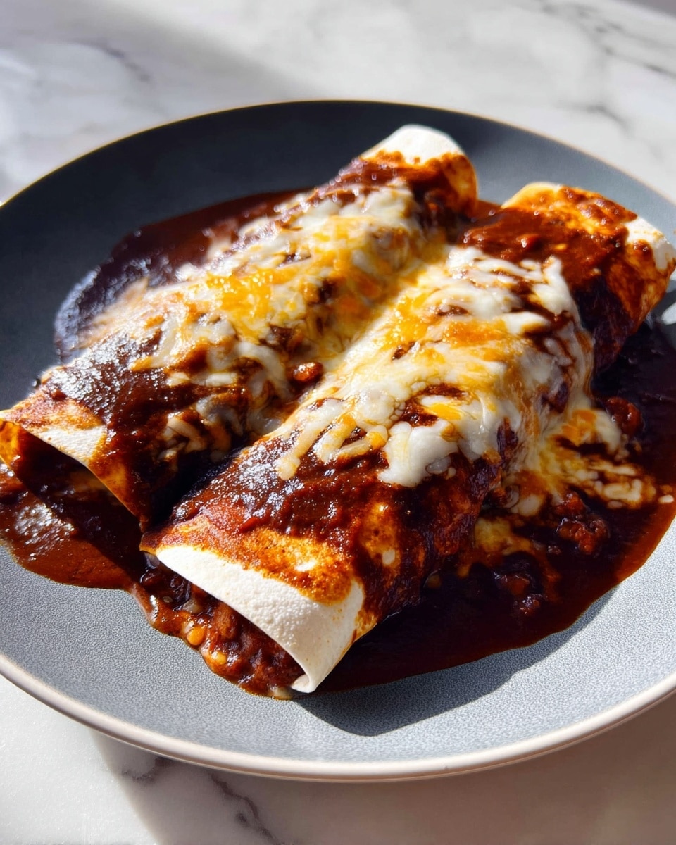 A glass baking dish holds two enchiladas side by side, each generously covered in a browned, bubbly layer of melted cheese sprinkled with chopped green herbs. The enchiladas are sliced open on one side to show a filling of dark, rich ground meat mixed with bright yellow corn kernels, creating a dense textured layer inside soft tortillas. The dish sits on a white marbled surface with a slightly blurred kitchen background in warm light. Photo taken with an iphone --ar 4:5 --v 7