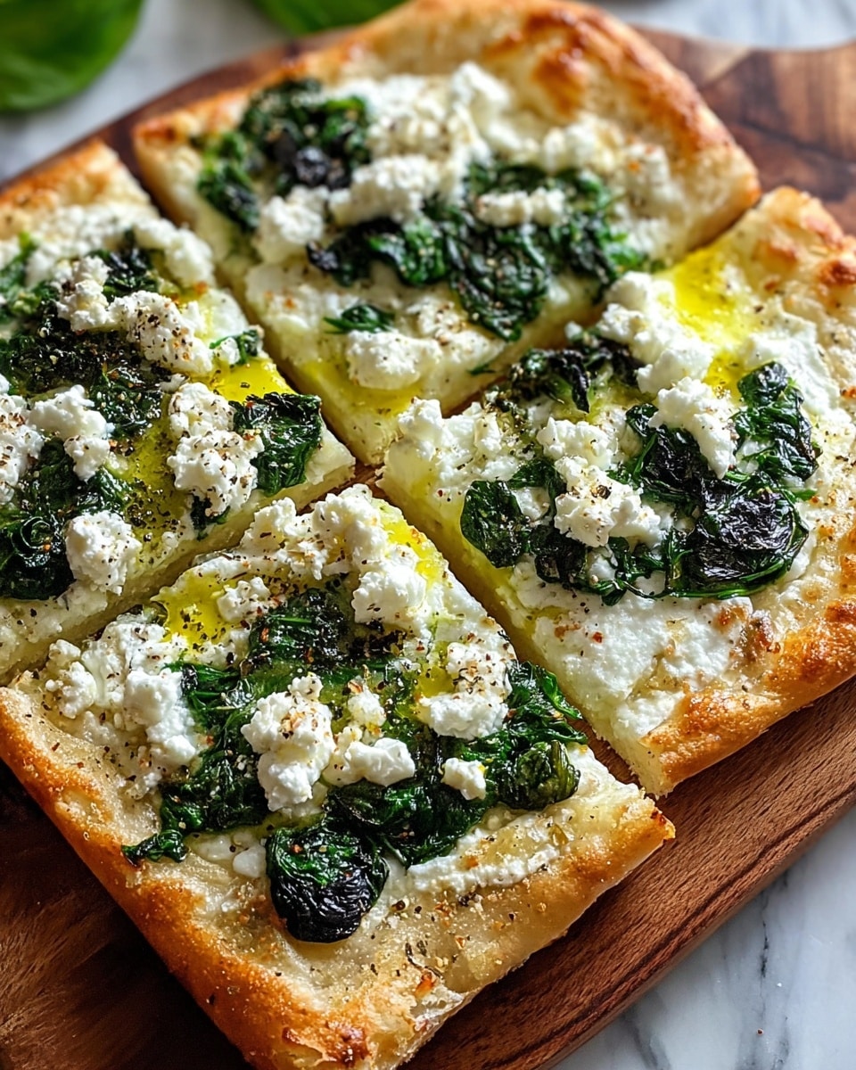 A close-up view of a square pizza with a thick, golden-brown crust that looks crispy and soft on the edges; the first layer is a creamy white cheese spread evenly across the dough, topped with a layer of dark green cooked spinach leaves scattered irregularly. On top of the spinach, there are small chunks of white, crumbly cheese sprinkled liberally, with glistening spots of yellow olive oil and a light dusting of black pepper over everything. The pizza is cut into four large square slices, sitting on a wooden board, with the background replaced by a white marbled texture. Photo taken with an iphone --ar 4:5 --v 7