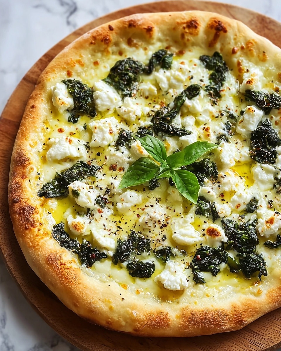 A pizza with a thick, golden-brown crust forms the base layer, topped with melted mozzarella cheese that creates a creamy white layer covering the surface. On top of the cheese, there are dark green cooked spinach leaves spread evenly, with white chunks of soft goat cheese scattered all over. A drizzle of yellow olive oil shines across the surface, adding shine and moisture. Black pepper is sprinkled lightly over the cheese and spinach. A single small fresh basil leaf is placed at the center for decoration. The pizza sits on a wooden board against a white marbled texture background. photo taken with an iphone --ar 4:5 --v 7