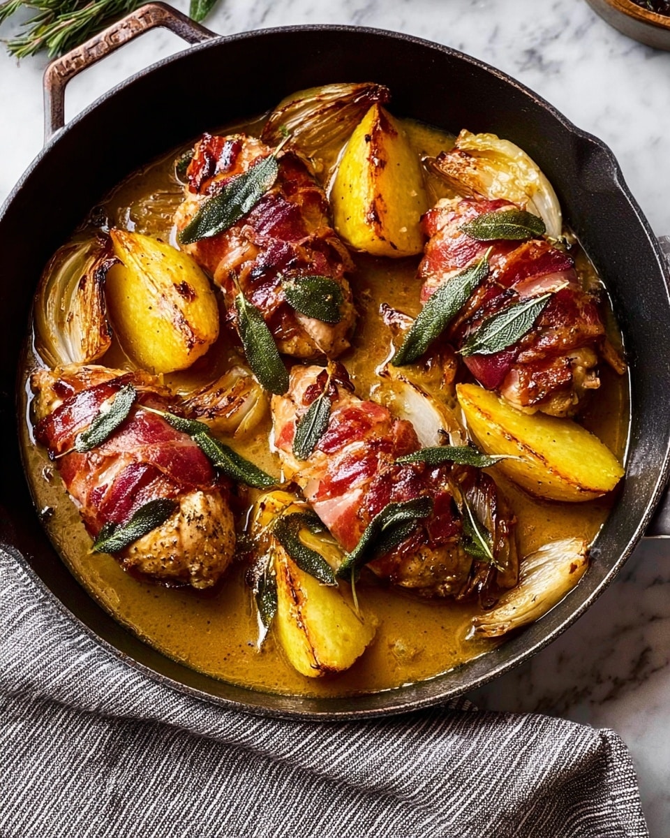 The image shows a black skillet filled with a dish featuring three pieces of chicken wrapped in browned prosciutto, each topped with crispy green sage leaves. Around the chicken, there are several golden-yellow potato wedges and roasted shallots, all sitting in a light brown sauce that looks rich and glossy. The skillet is placed on a white marbled surface with a gray striped cloth nearby. Photo taken with an iphone --ar 4:5 --v 7