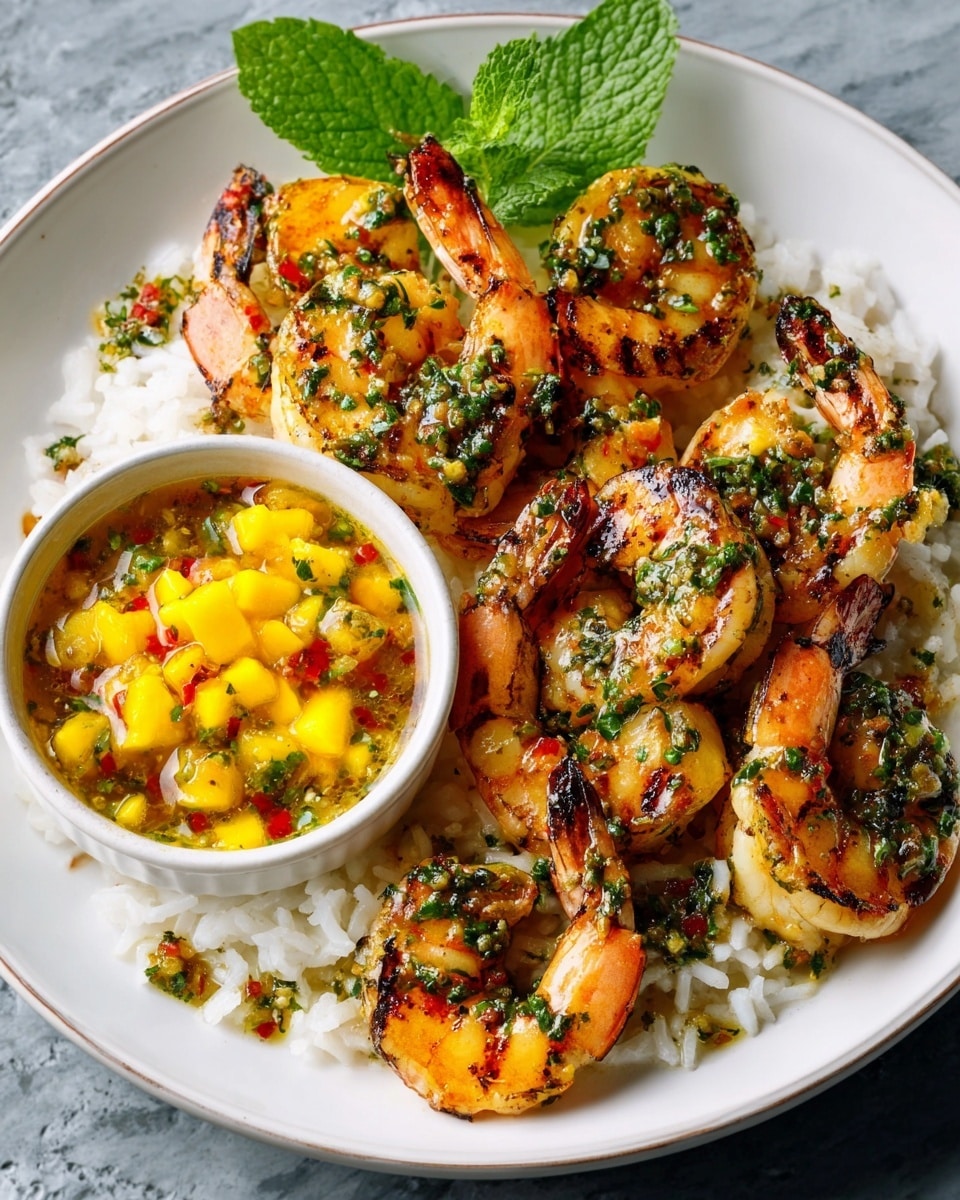 A white plate filled with a layer of fluffy white rice topped with a generous amount of golden-brown grilled shrimp that have visible grill marks and are coated in a green herb sauce with flecks of red chili. There is a small white bowl on the plate containing a bright yellow mango salsa studded with bits of red chili and green herbs. A fresh green mint sprig is placed on the rice near the shrimp. The scene is set on a white marbled surface. photo taken with an iphone --ar 4:5 --v 7