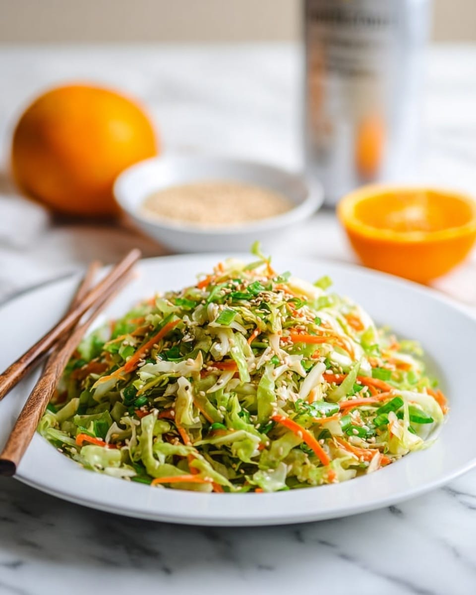 A white plate holds a fresh salad made mainly of thinly sliced green cabbage mixed with thin orange carrot strips, all tossed together with small bits of green herbs and sprinkled with sesame seeds, creating a colorful and textured mound in the center of the plate. Beside the salad, resting on the plate edge, are wooden chopsticks angled diagonally. In the background on a white marbled surface, there is a small white bowl filled with sesame seeds, a halved orange with its bright orange inside showing, and a silver can with blurred text. The image has a soft focus on the background and sharp detail on the salad, with natural lighting highlighting the vibrant colors. photo taken with an iphone --ar 4:5 --v 7