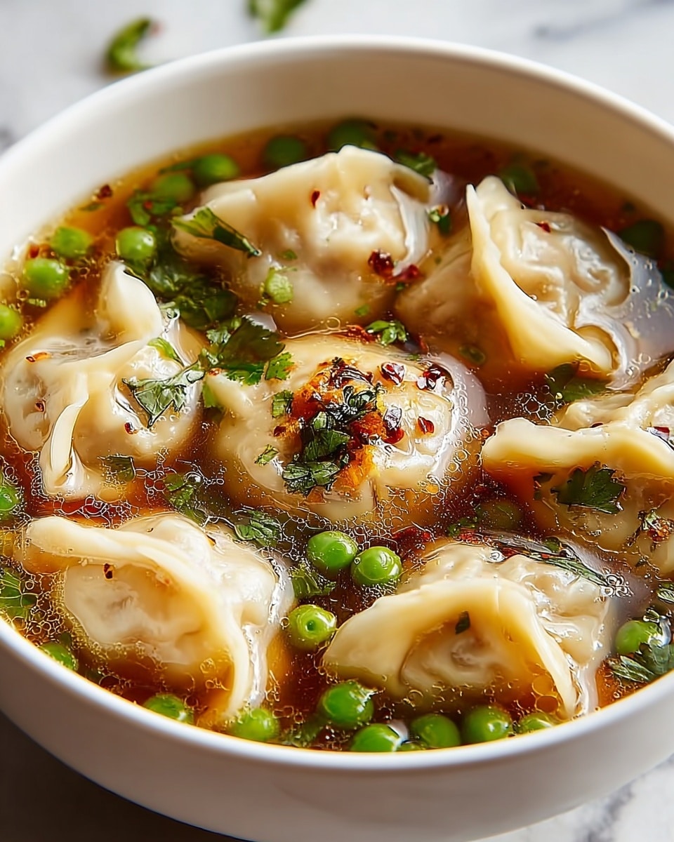 A close-up of a white bowl filled with clear brown broth containing six light beige dumplings with soft, slightly wrinkled skins floating on the surface. Bright green peas and small bits of chopped herbs are scattered throughout the soup. One dumpling in the center has a bit of chili flakes and herbs on top, adding specks of red and dark green. The broth has small oil droplets that shine under the light. The bowl sits on a white marbled textured surface. Photo taken with an iphone --ar 4:5 --v 7