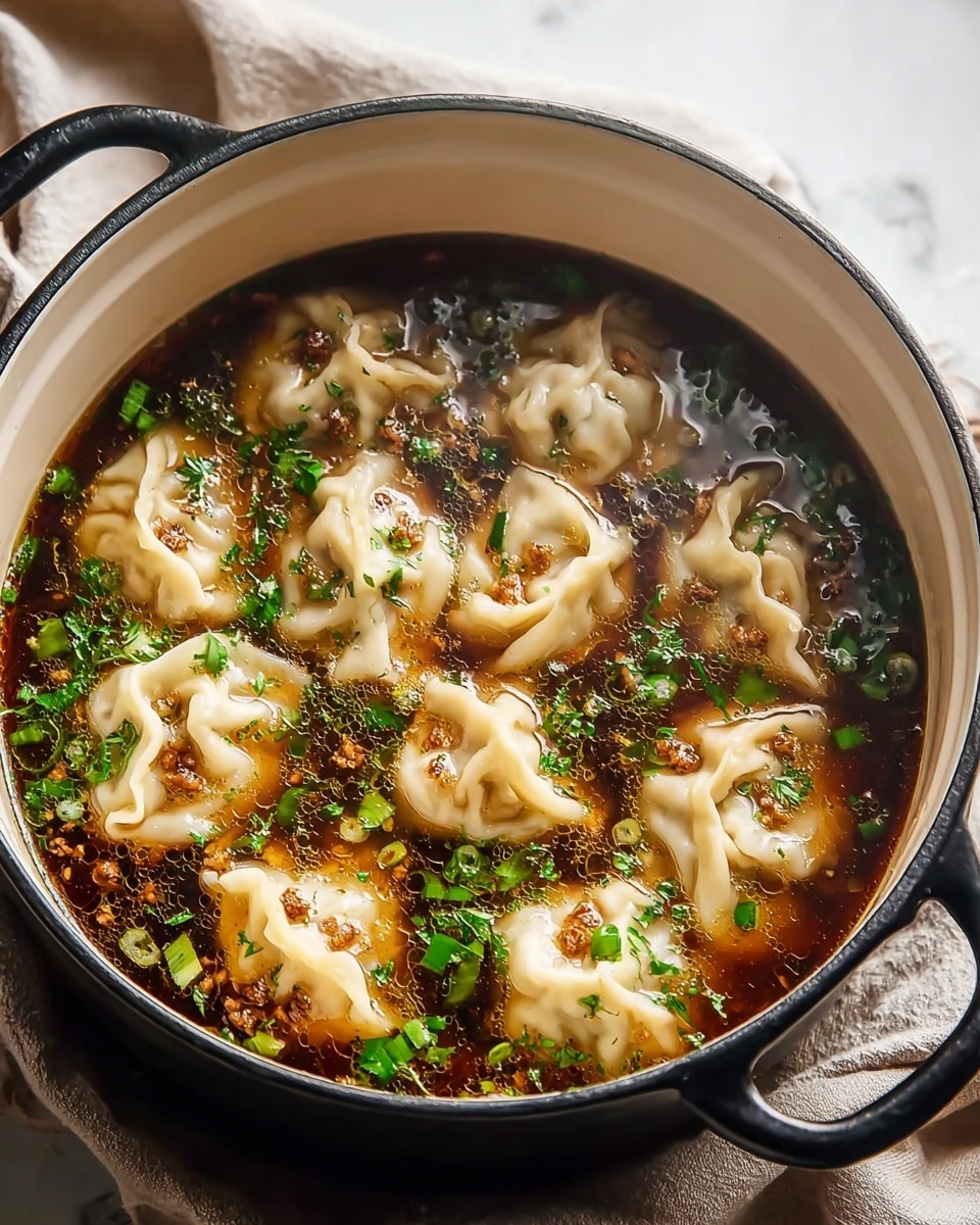 A black pot with a white inside contains a dark brown clear broth with several light beige dumplings floating inside, each dumpling having soft, wrinkled textures and folded edges. The broth has small pieces of green herbs and bits of cooked meat scattered on the surface, creating a mix of green and light brown colors against the dark liquid. The pot rests on a white marbled surface with a soft beige cloth underneath. Photo taken with an iphone --ar 4:5 --v 7