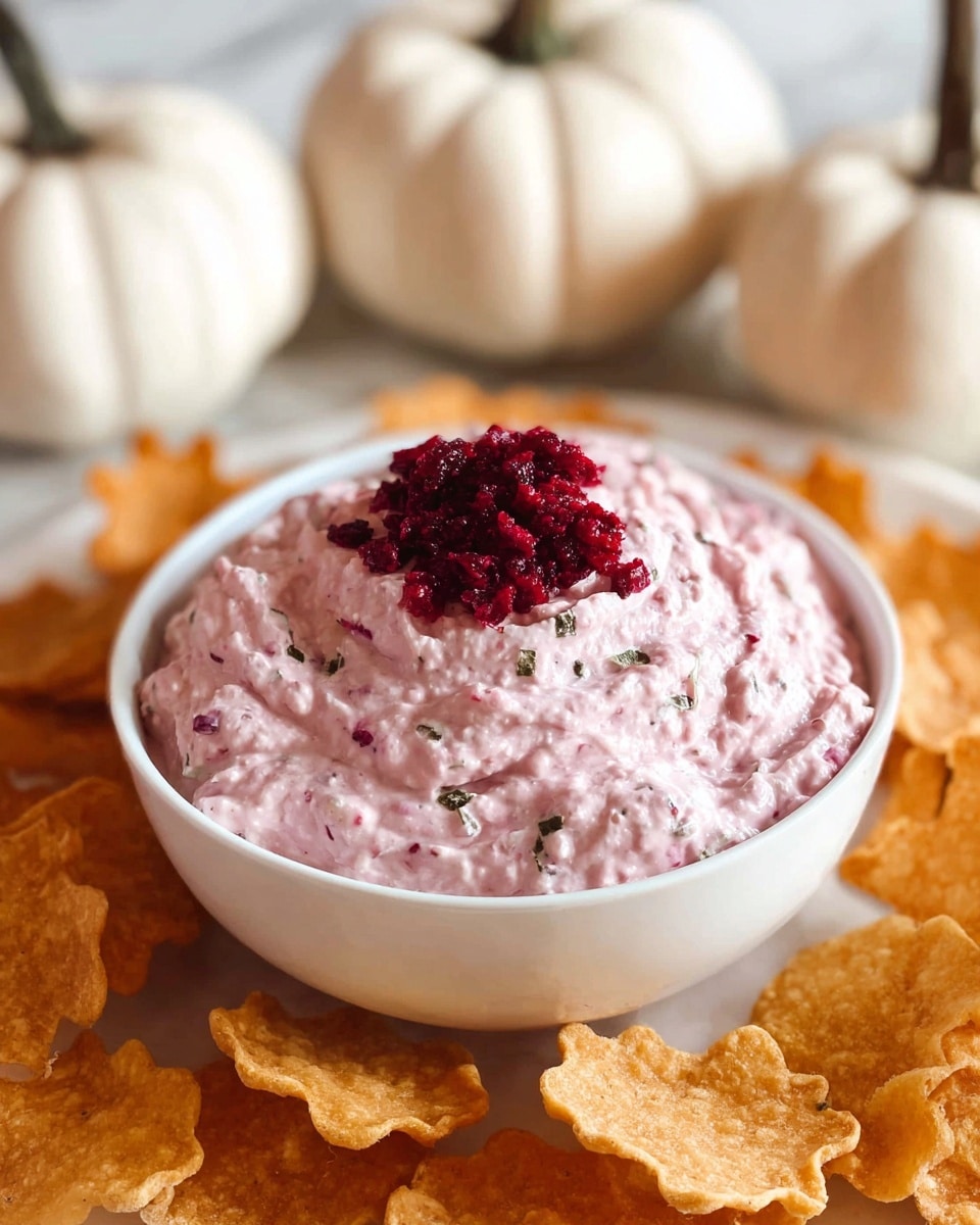 A white bowl filled with a thick, pink dip mixed with small bits of darker colors inside, topped with a small heap of finely chopped red pieces, likely cranberries, placed on a white marbled surface. Surrounding the bowl are golden-brown, leaf-shaped and flower-shaped chips. In the background, there are three small white pumpkins with dark brown stems softly blurred. The scene is bright and warm, focusing closely on the creamy texture of the dip and the crunchy chips. photo taken with an iphone --ar 4:5 --v 7