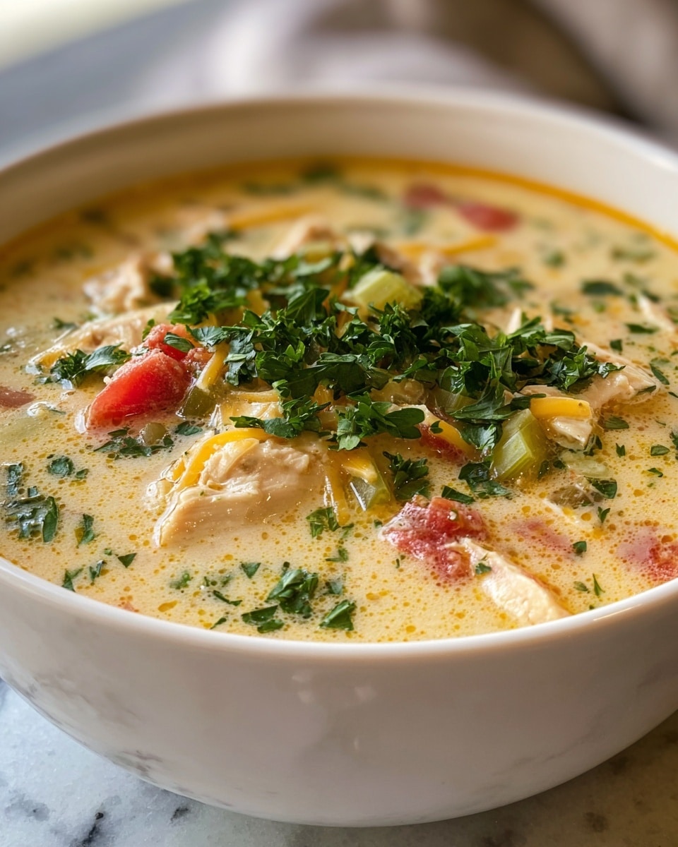A white bowl filled with creamy soup seen up close, showing a light yellow base with small pieces of white chicken, red tomato chunks, green celery parts, and thin strands of cheese within the soup. The surface is topped with fresh dark green chopped parsley, adding a textured leafy layer. The bowl rests on a white marbled surface that is slightly blurred in the background. Photo taken with an iphone --ar 4:5 --v 7