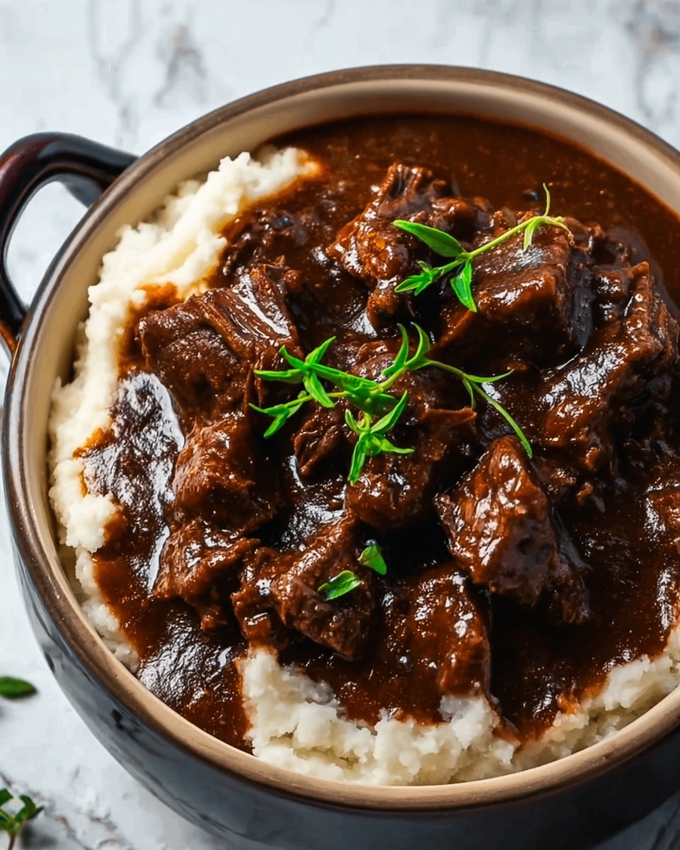 The image shows a white plate with three layers of food. The bottom layer is creamy mashed potatoes, soft and light in color with a smooth texture. On top of the mashed potatoes is a thick, white biscuit with a slightly golden crust on the sides. The top layer is a generous pile of dark brown shredded beef with a moist, tender texture, garnished with small green herb pieces. To the left of the biscuit are mixed cooked vegetables in small pieces, displaying orange, green, and yellow colors. The plate sits on a beige crocheted cloth over a white marbled surface, with a blurred bunch of green herbs and a silver slow cooker in the background. Photo taken with an iphone --ar 4:5 --v 7
