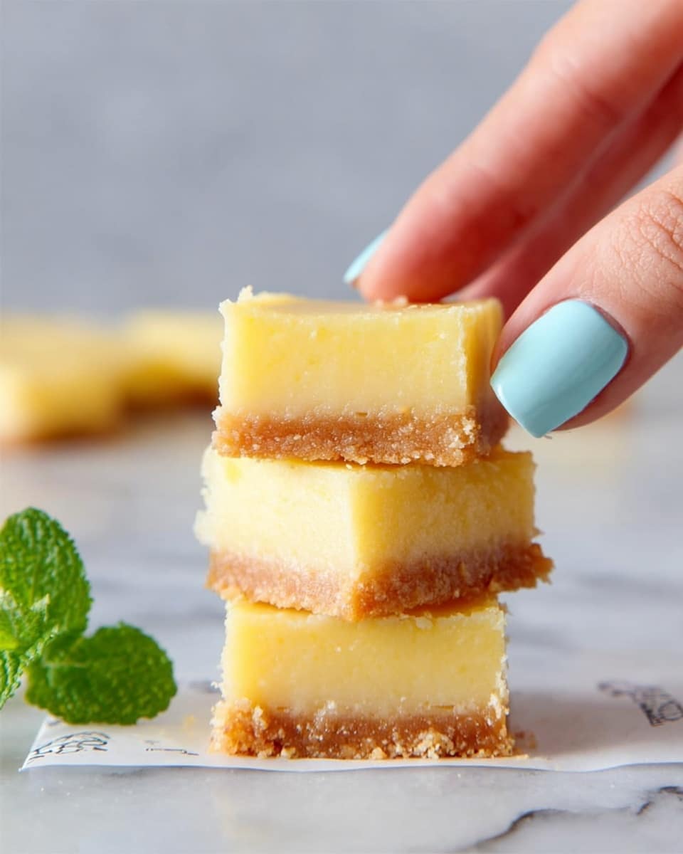 The image shows a dozen lemon bars neatly cut into squares, arranged in three rows of four on a black cooling rack lined with white parchment paper. Each lemon bar has two layers: the bottom layer is a thick, crumbly golden-brown crust with a rough texture, while the top layer is a smooth, pale yellow lemon filling with a glossy finish. The edges of the crust slightly crumble over some bars. In the background, a quarter lemon and a sprig of green mint rest on a white marbled surface. The photo taken with an iphone --ar 4:5 --v 7
