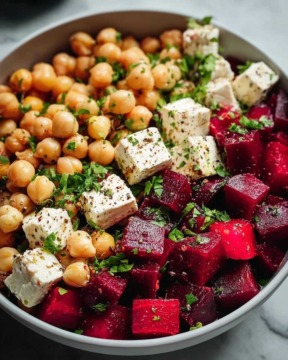 A close-up view of a bowl filled with a colorful salad showing three main layers: the bottom layer has round, light beige chickpeas; the middle layer contains deep red, shiny beet cubes; on top, there are white feta cheese cubes sprinkled with black pepper and green chopped herbs scattered throughout. The bowl is white, sitting on a white marbled surface, with the salad showing fresh and textured ingredients in bright natural light. photo taken with an iphone --ar 4:5 --v 7