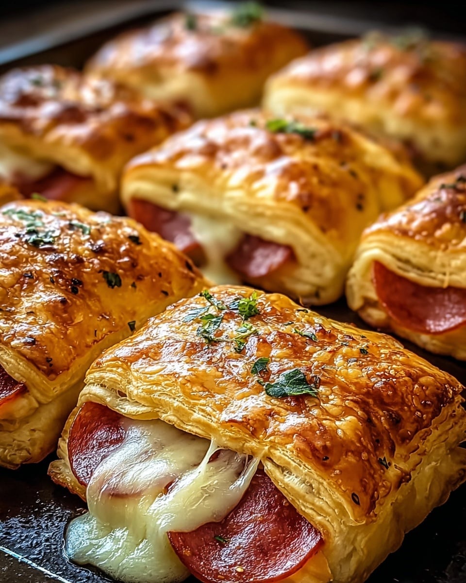 The image shows a close-up view of a baked puff pastry with three visible layers on top, each golden brown and crispy with a bubbled texture. Between the layers, there are slices of reddish pepperoni and melted white cheese that oozes slightly, creating a gooey texture. Small green herb leaves are scattered on the top layer, adding a touch of color. The pastry rests on a wooden board, and the background is softly blurred with a warm light. photo taken with an iphone --ar 4:5 --v 7
