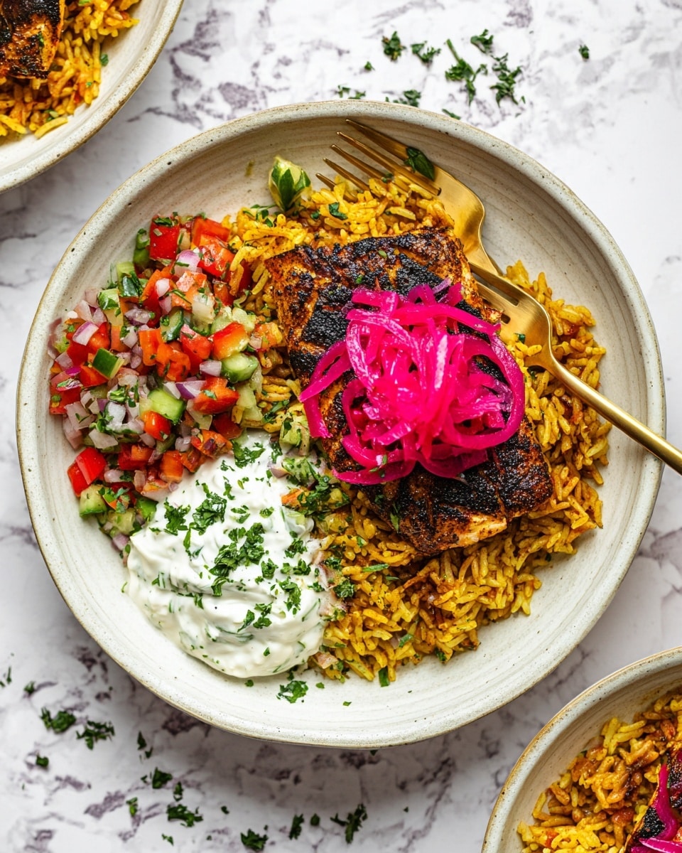 A white bowl contains a dish with three main layers: the bottom layer is yellowish seasoned rice with visible spices; on top of this sits a piece of dark browned grilled fish fillet showing a charred texture; garnished over the fish are bright pinkish-red pickled onion strips with a slightly wet look. To the side of the fish is a dollop of creamy white sauce sprinkled with green herbs, creating a smooth texture contrast. Next to the rice, there is a colorful salad made of chopped red, green, and white vegetables with a fresh, crisp look. The dish is photographed on a white marbled surface with small green herb pieces scattered around, and a golden fork rests inside the bowl. Photo taken with an iphone --ar 4:5 --v 7
