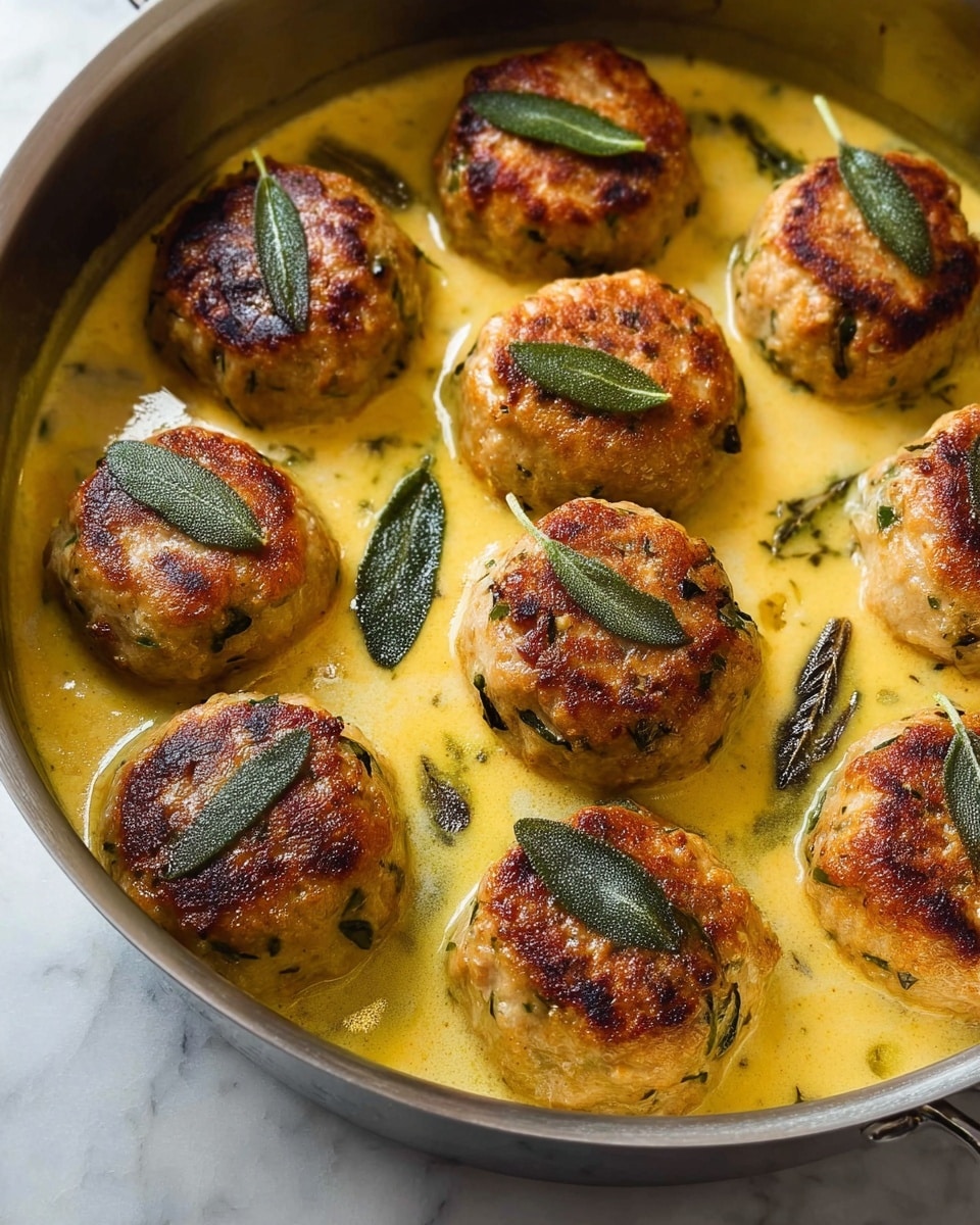 The image shows a close-up of ten round, golden-brown meatballs with crispy tops sitting evenly in a silver pan filled with a creamy yellow sauce. Each meatball is decorated with a few small green sage leaves, some floating in the sauce too. The sauce looks smooth and rich, bubbling slightly around the meatballs. The meatballs have a textured surface indicating herbs mixed inside. The light reflects softly on the sauce, adding a warm glow to the dish. The background is a white marbled texture. photo taken with an iphone --ar 4:5 --v 7