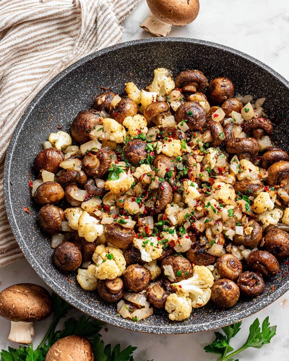 A close-up view of a black speckled frying pan filled with cooked whole brown mushrooms mixed with small pieces of white cauliflower, all lightly browned and sprinkled with green chopped herbs and red chili flakes, with some finely chopped onions scattered on top. The pan sits on a white marbled texture, and around it are whole brown mushrooms and green herb leaves. In the top left corner, a beige and white striped cloth is slightly visible. Photo taken with an iphone --ar 4:5 --v 7