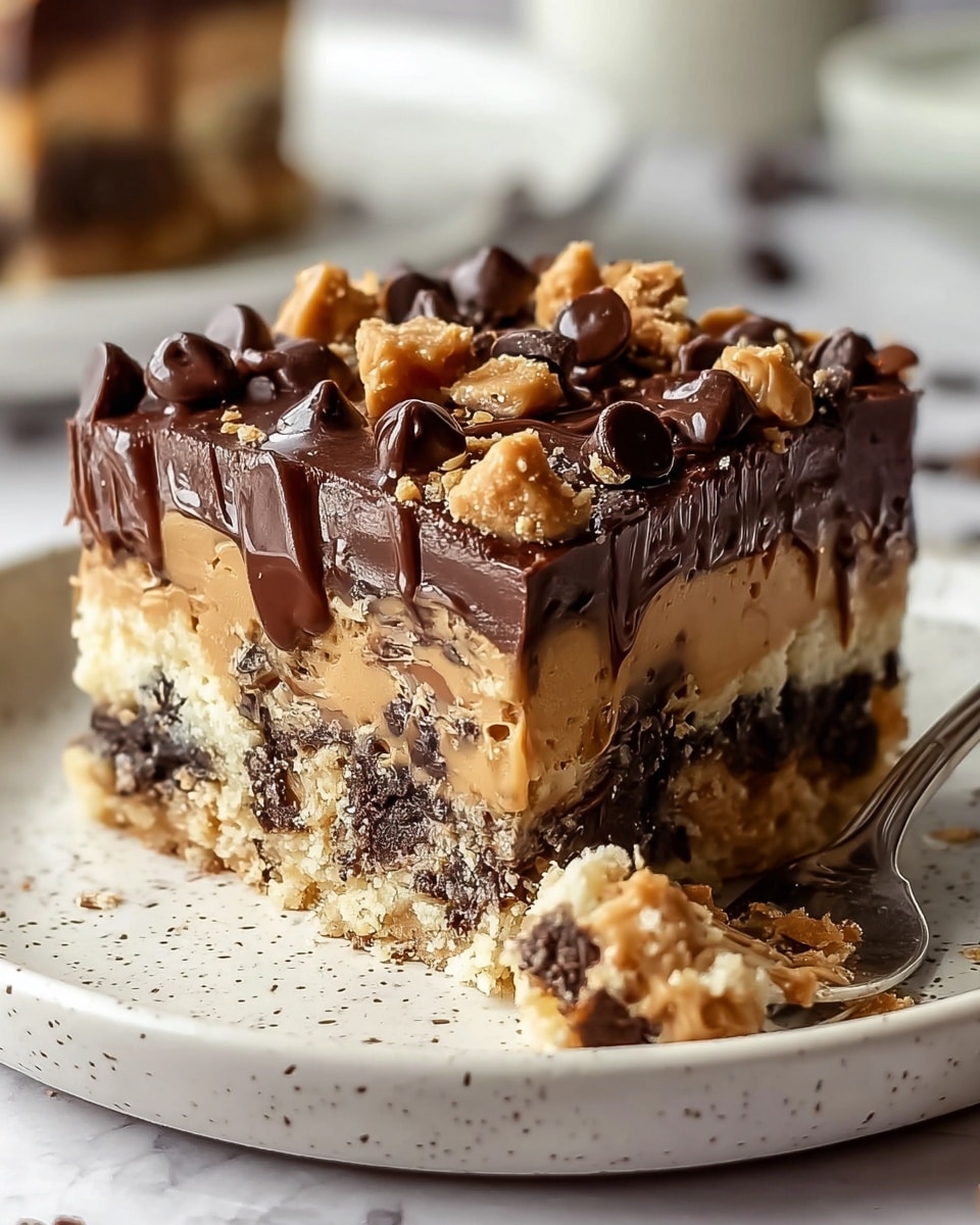 The image shows a thick square dessert with multiple layers on a white speckled plate over a white marbled texture surface. The bottom layer is crumbly and light beige with chocolate chips embedded in it. Above that is a creamy peanut butter layer in a light caramel color, followed by a rich, dark chocolate layer with a smooth texture. The top is covered with chocolate drizzle, shiny dark chocolate chips, and small chunks of peanut butter pieces, giving it a chunky and textured look. Crumbs and a fork with some dessert on it are visible on the plate near the dessert. Photo taken with an iphone --ar 4:5 --v 7