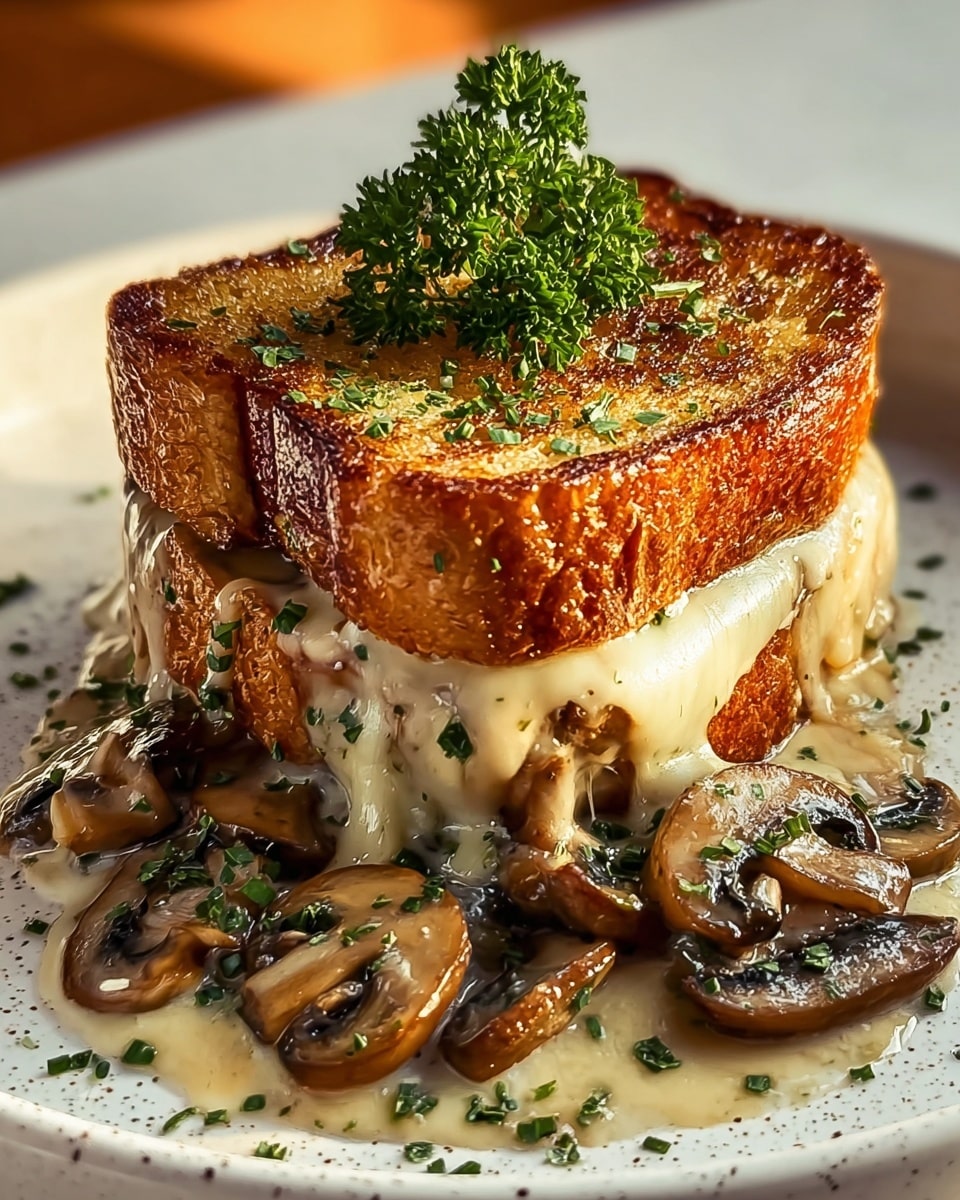 A grilled sandwich with two thick, crispy golden-brown bread slices forms the top and bottom layers. Between them is a thick layer of melted cheese oozing out, covering sautéed mushroom slices that spill out on one side of the sandwich and onto a white speckled plate. The sandwich is garnished with chopped green herbs and topped with a small bunch of fresh curly parsley. The dish sits on a white marbled surface with warm lighting highlighting the textures and colors. Photo taken with an iphone --ar 4:5 --v 7