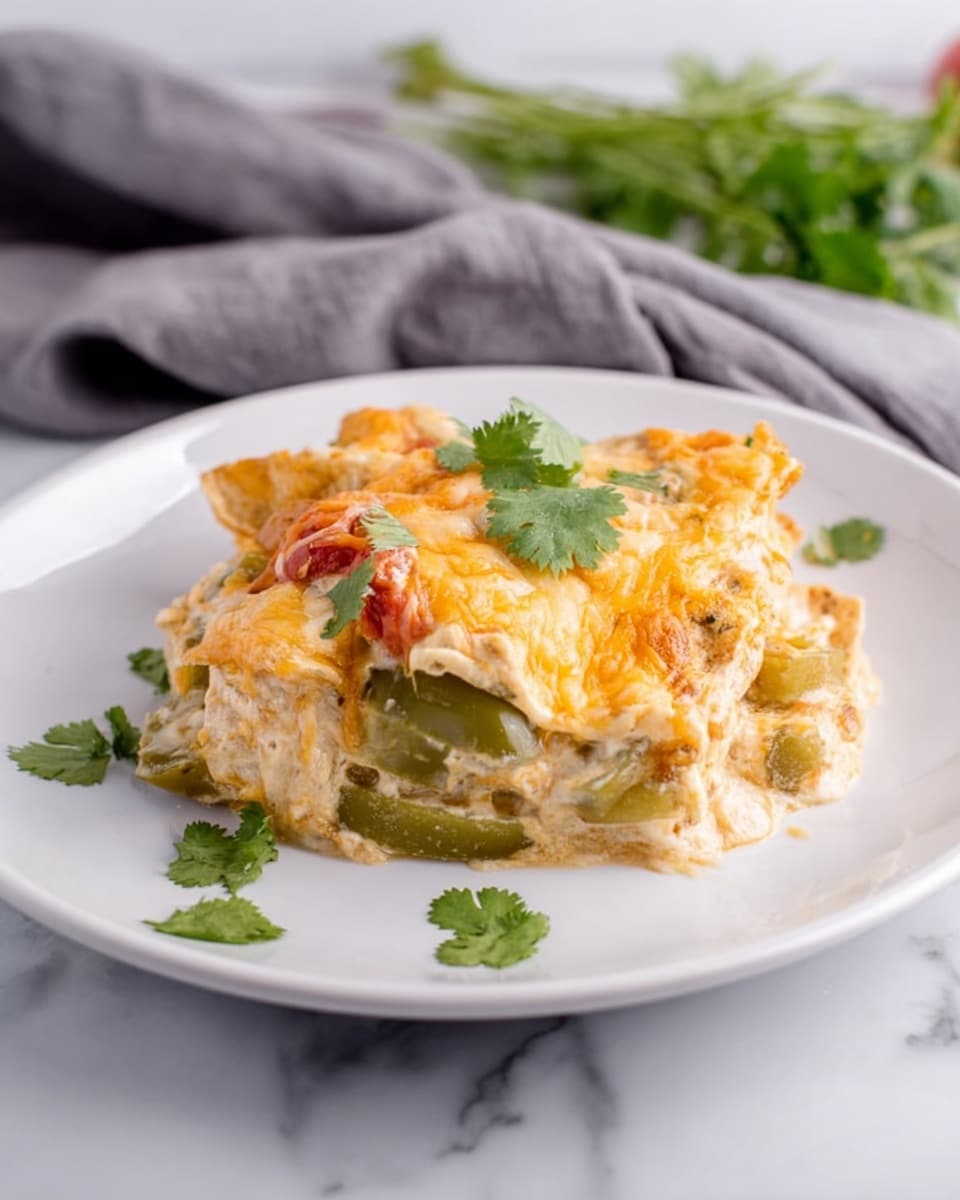 A white plate on a white marbled surface holds a serving of creamy cheesy casserole. The dish has several layers visible: at the bottom is a mix of soft white slices, likely tortilla or pasta, followed by chunks of green and red vegetables like bell peppers. The top layer is melted golden cheese with some browned spots and small green cilantro leaves scattered over the dish, adding a fresh touch. A gray cloth is softly folded behind the plate, and there is a small bunch of green herbs in the background. Photo taken with an iphone --ar 4:5 --v 7