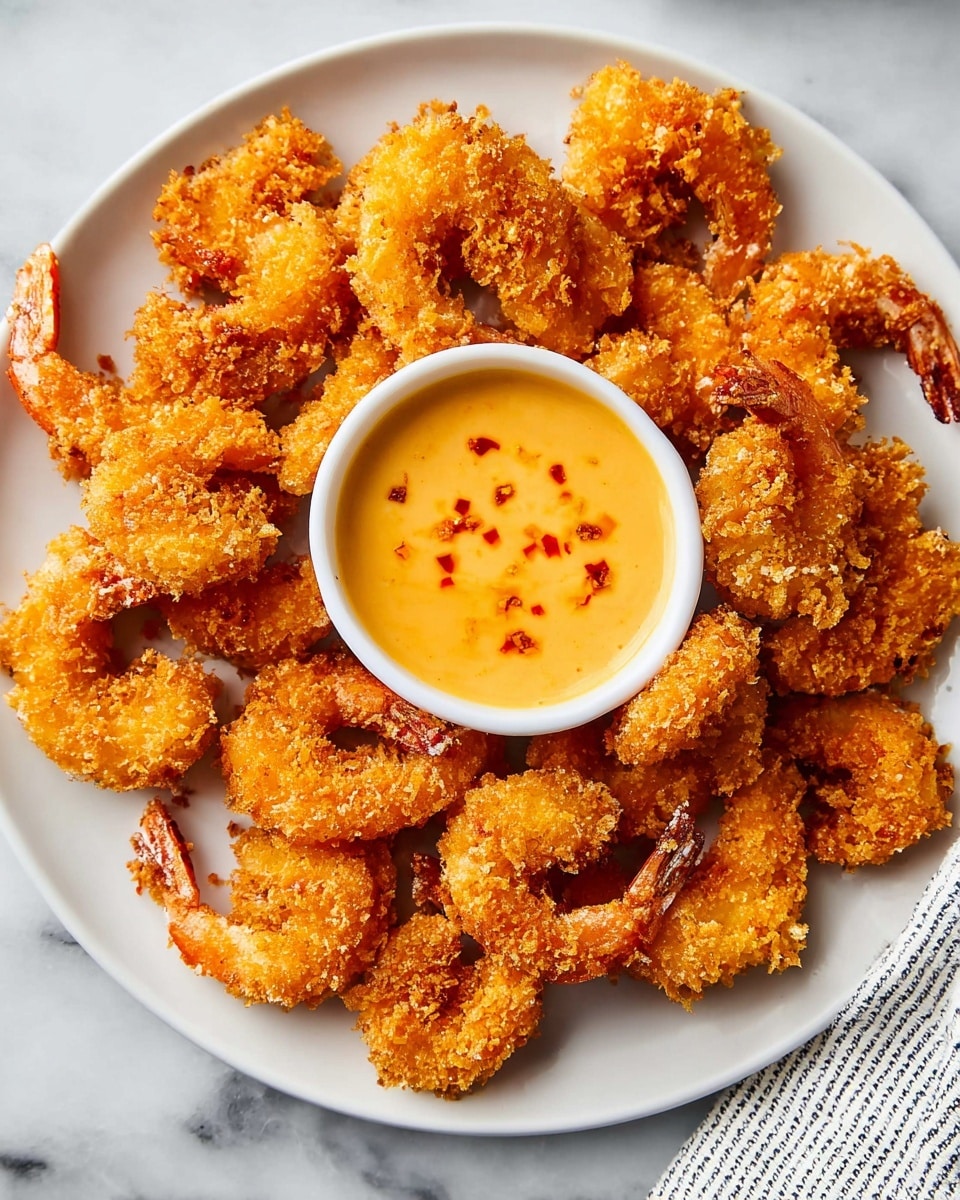 A white round plate is filled with a single layer of golden-brown crispy fried shrimp arranged in a loose circular pattern. In the center of the plate is a small white bowl filled with creamy orange dipping sauce with visible red chili flakes swirled on the surface. The fried shrimp have a rough, crunchy texture with some pieces slightly curled and others straight. The plate is placed on a white marbled surface with a corner of a white and gray striped cloth visible. photo taken with an iphone --ar 4:5 --v 7