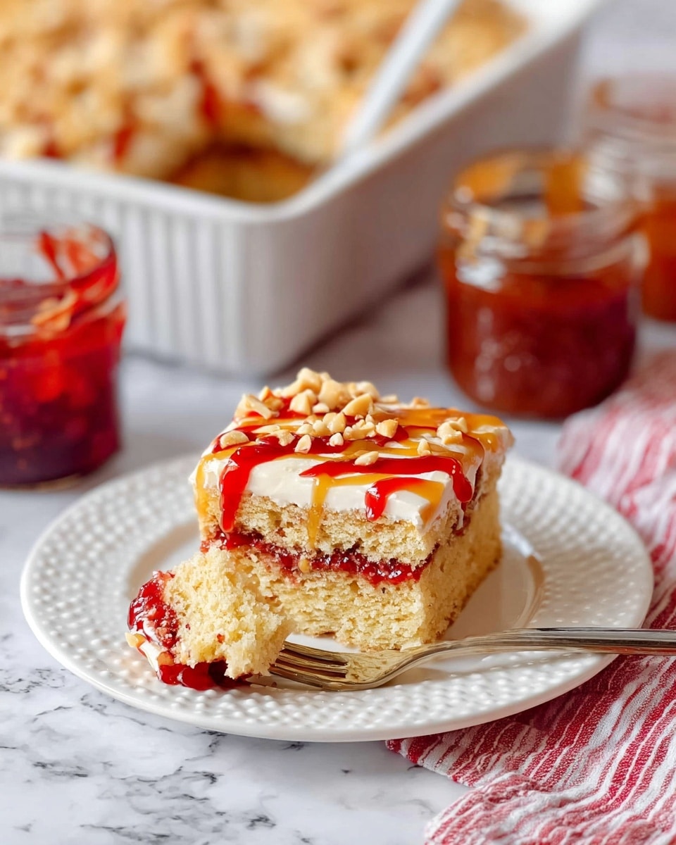 A square piece of cake sits in the middle of a white plate with small raised dots around the edge. The cake has two layers of light brown sponge with a layer of red jam in the middle and some jam coming out from the side. The top layer is light cream with a drizzle of caramel and red sauce, sprinkled with crushed peanuts. A fork with a bite-sized piece of cake rests on the plate's edge. In the background, there is a white marbled surface with a white dish of the same cake, a jar of red jam, a jar of caramel sauce, and a white and red striped cloth. photo taken with an iphone --ar 4:5 --v 7