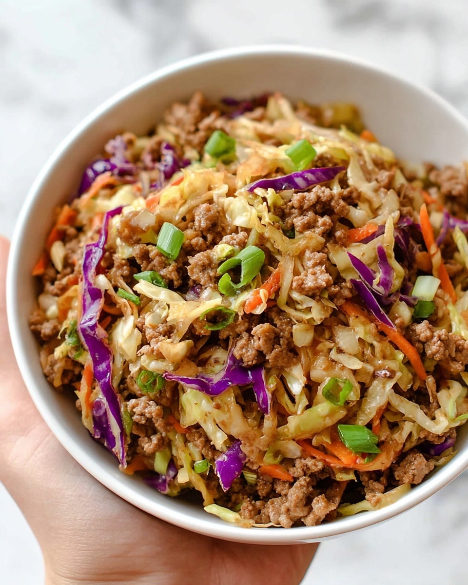 A close-up of a white bowl filled with a mixture of cooked ground meat and sautéed shredded vegetables, including light beige and pale purple cabbage pieces, and thin orange carrot strips. Small green slices of spring onion are sprinkled on top, adding fresh color. The meat has a crumbly texture with a rich brown color, while the vegetables look soft but still a bit crisp. The bowl sits on a white marbled surface with a blurred wooden cutting board and a green cloth with orange dots in the background. photo taken with an iphone --ar 4:5 --v 7