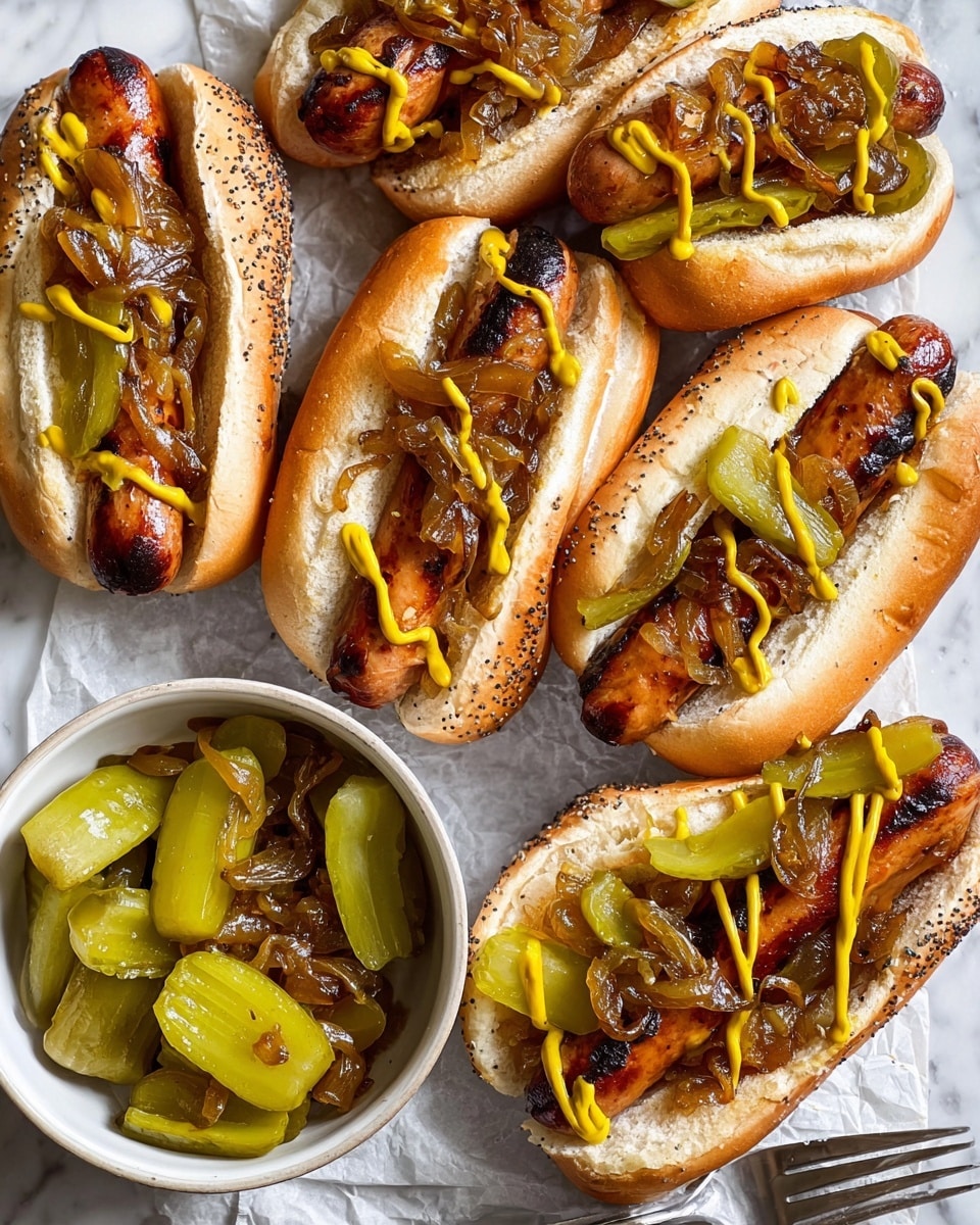 The image shows six hot dogs served in white poppy seed buns, each hot dog topped with caramelized brown onions, a drizzle of bright yellow mustard, and several green pickled peppers placed on top or inside the buns. The hot dogs have a grilled, browned look, and the buns appear soft and fresh. In the center, a white bowl holds many more green pickled peppers, adding a vibrant green contrast to the warm tones of the hot dogs and onions. The items rest on a white marbled texture surface with a silver fork visible near the bowl, enhancing the casual, appetizing presentation. Photo taken with an iphone --ar 4:5 --v 7