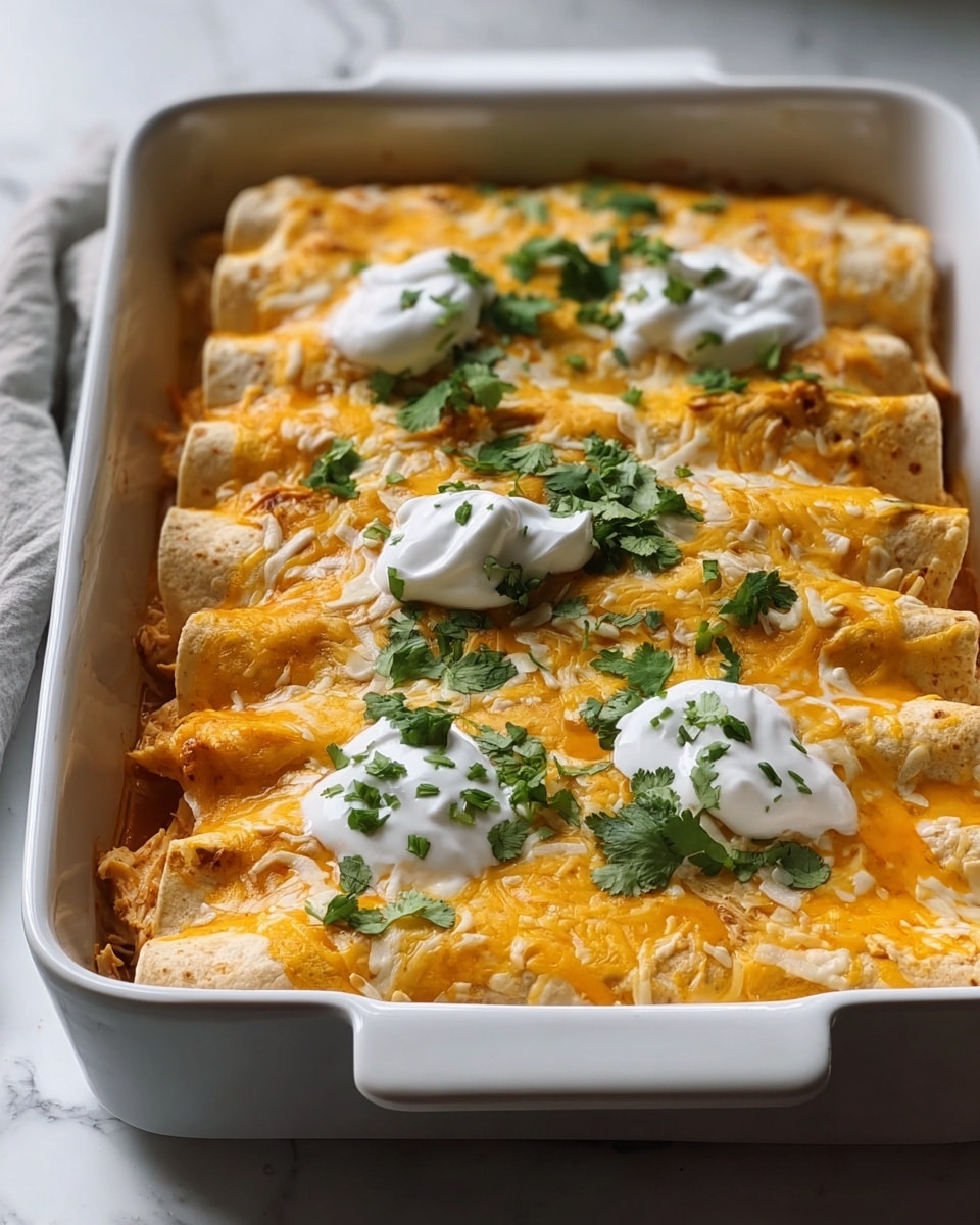 A white baking dish filled with rolled tortillas arranged in a single layer, each tortilla topped with melted yellow and white shredded cheese that spreads evenly across the surface. Small fresh green cilantro leaves are scattered over the cheese, adding a fresh touch. Dollops of thick, white sour cream sit on top of some tortillas, creating smooth, soft swirls. The edges of the tortillas show some orange sauce that soaks slightly into the layers beneath, where shredded chicken can be seen peeking out. The baking dish rests on a white marbled texture surface with soft natural light highlighting the creamy and cheesy textures. Photo taken with an iphone --ar 4:5 --v 7