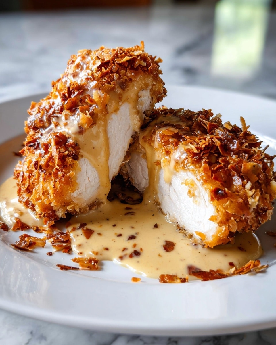 The dish shows a close-up of two pieces of fried chicken that are cut open, revealing a soft white inside and a thick, crunchy golden-brown outer layer coated with crispy flakes. A creamy light tan sauce is spread underneath and drizzled on top of the chicken, pooling slightly on the white plate. The setting has a blurred background with a white marbled texture surface. photo taken with an iphone --ar 4:5 --v 7