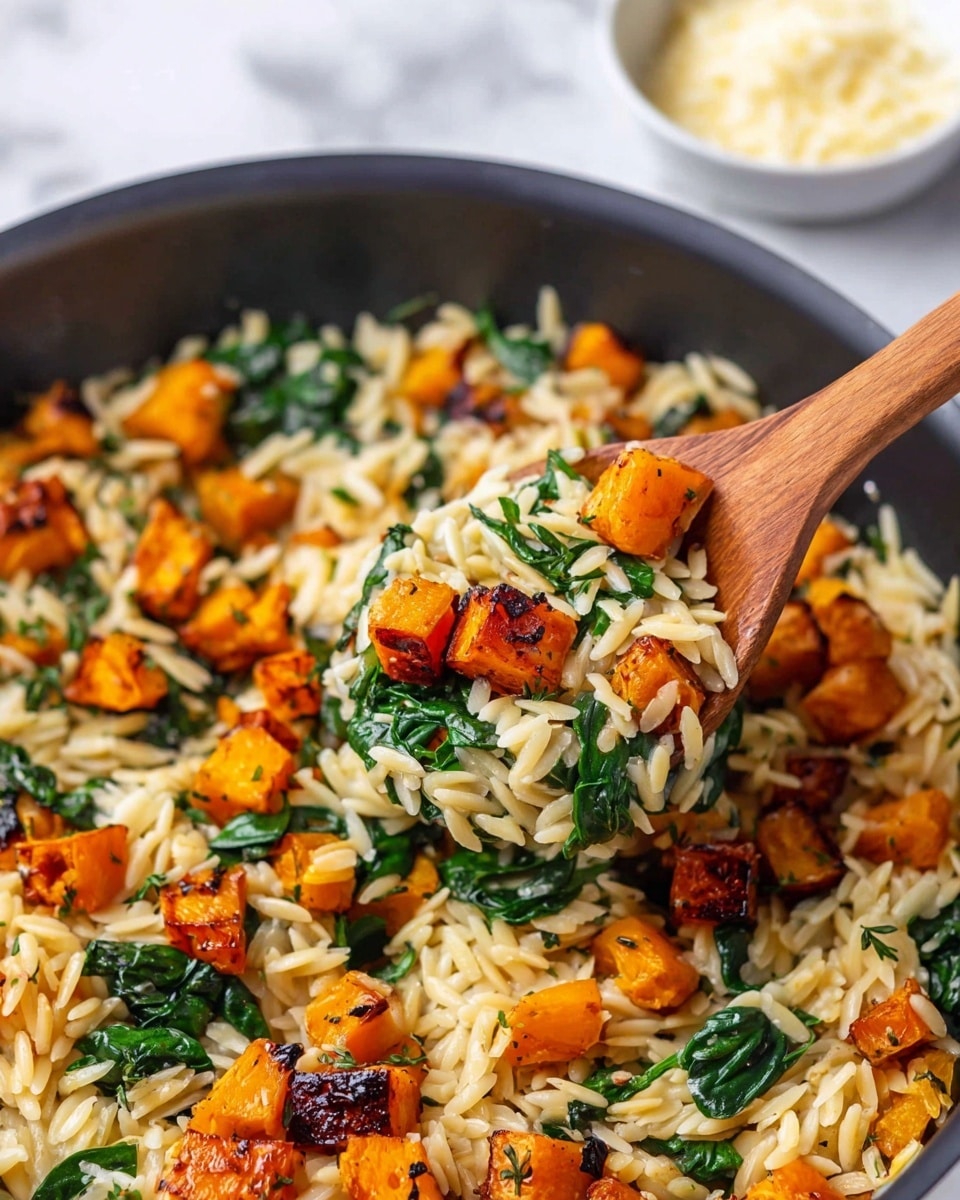 The image shows a pan filled with a creamy orzo pasta mixed with bright orange roasted cubes of butternut squash and wilted dark green spinach leaves. The orzo grains are light beige and creamy in texture, spread evenly as the base layer. The roasted squash cubes have a slight char with crispy, caramelized edges, scattered throughout the orzo. The spinach is interspersed within, adding flashes of green color. A wooden spoon lifts a portion of the mix, showing the different textures: soft orzo, tender spinach, and firmer roasted squash. A small white bowl of shredded cheese sits blurred in the background on a white marbled surface. photo taken with an iphone --ar 4:5 --v 7
