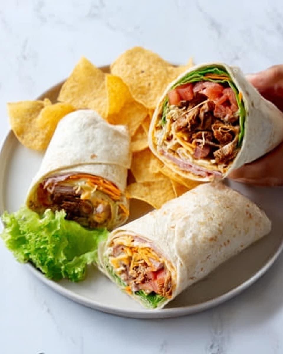The image shows two wrap sandwiches on a white plate, placed on a white marbled surface. One wrap is cut in half, showing colorful layers inside, including green lettuce, red tomato, orange shredded carrots, and light pink slices of deli meat, all wrapped in a soft white tortilla. The other wrap is whole, filled with brown shredded meat and melted cheese, also wrapped in a white tortilla. Around the plate, there are yellowish tortilla chips and a few pieces of green lettuce for decoration. A woman's hand is holding one of the wraps. Photo taken with an iphone --ar 4:5 --v 7