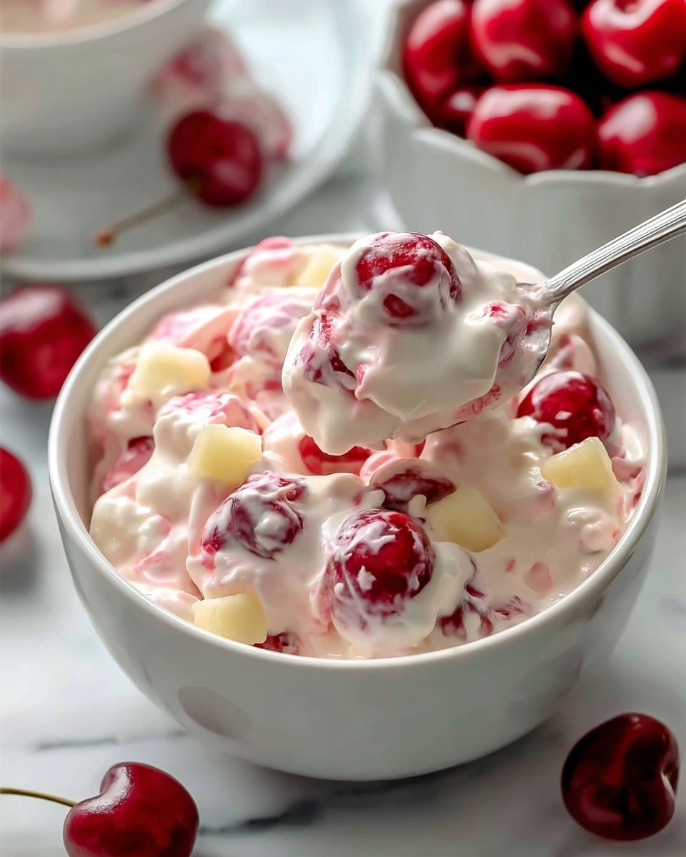 A close-up image of a white bowl filled with a creamy dessert that combines smooth white and pink textures mixed with bright red cherries and small cubed pale yellow pieces, creating a layered, chunky look. On top, a silver spoon lifts a portion highlighting the mix of shiny red cherries and soft creamy clusters, with the bowl set on a white marbled surface scattered with more cherries and another white bowl filled with cherries in the background. photo taken with an iphone --ar 4:5 --v 7