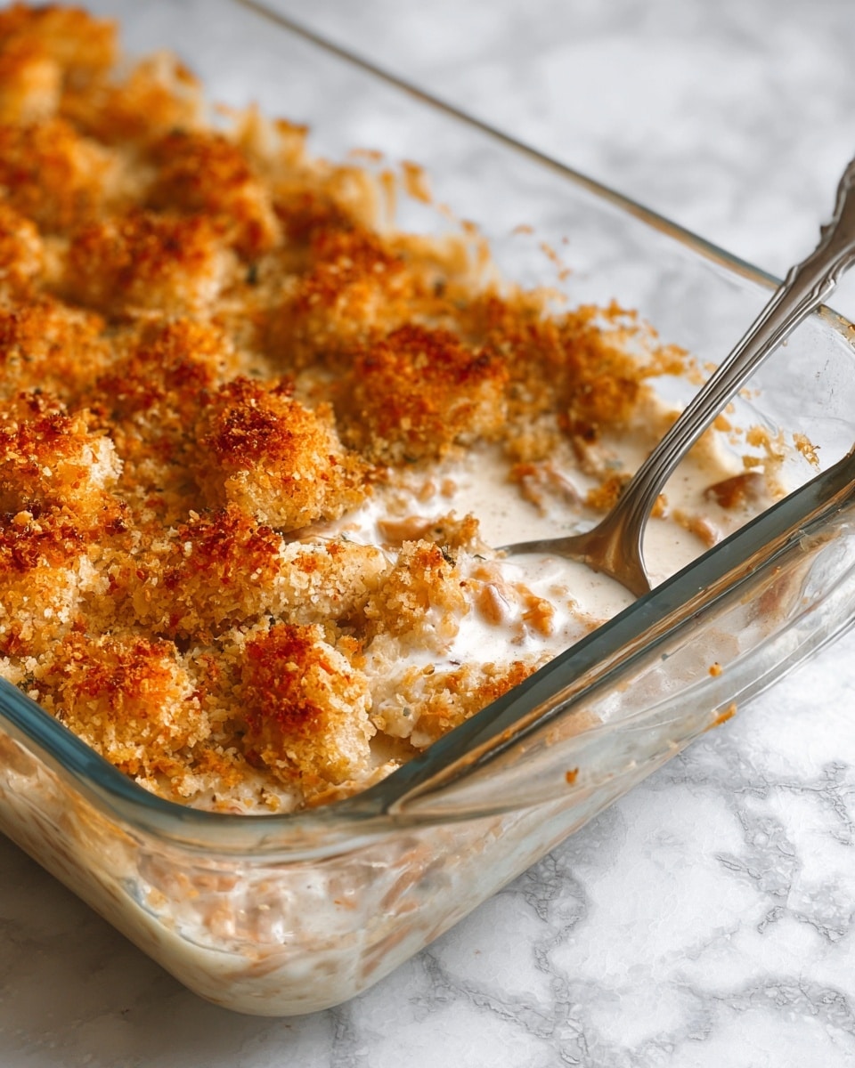 A large spoon lifts a gooey, baked dish from a clear glass baking dish, showing thick layers of melted cheese stretching in thin strings. The top layer is golden-brown and bubbly, with toasted spots giving a crispy texture. Underneath the cheese is a rich, orange-tinted sauce mixed with rice or small grains, soft and creamy. The dish looks thick and hearty, with the cheese layer melting over the grainy base, and some darker specks of seasoning spread across. The background shows a clean, white marbled surface and a light gray tiled wall. photo taken with an iphone --ar 4:5 --v 7
