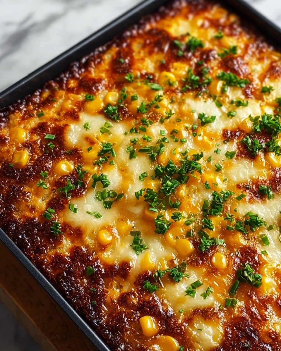 A close-up view of a square baked dish in a black pan, showing a golden brown crispy top layer with spots of melted white cheese. Small yellow corn kernels are scattered evenly across the surface, mixed with finely chopped green herbs, adding bright pops of color. The edges of the dish appear deeply browned and slightly caramelized, hinting at a rich, crunchy texture underneath. The pan rests on a white marbled surface, adding a clean, elegant look to the setting. photo taken with an iphone --ar 4:5 --v 7