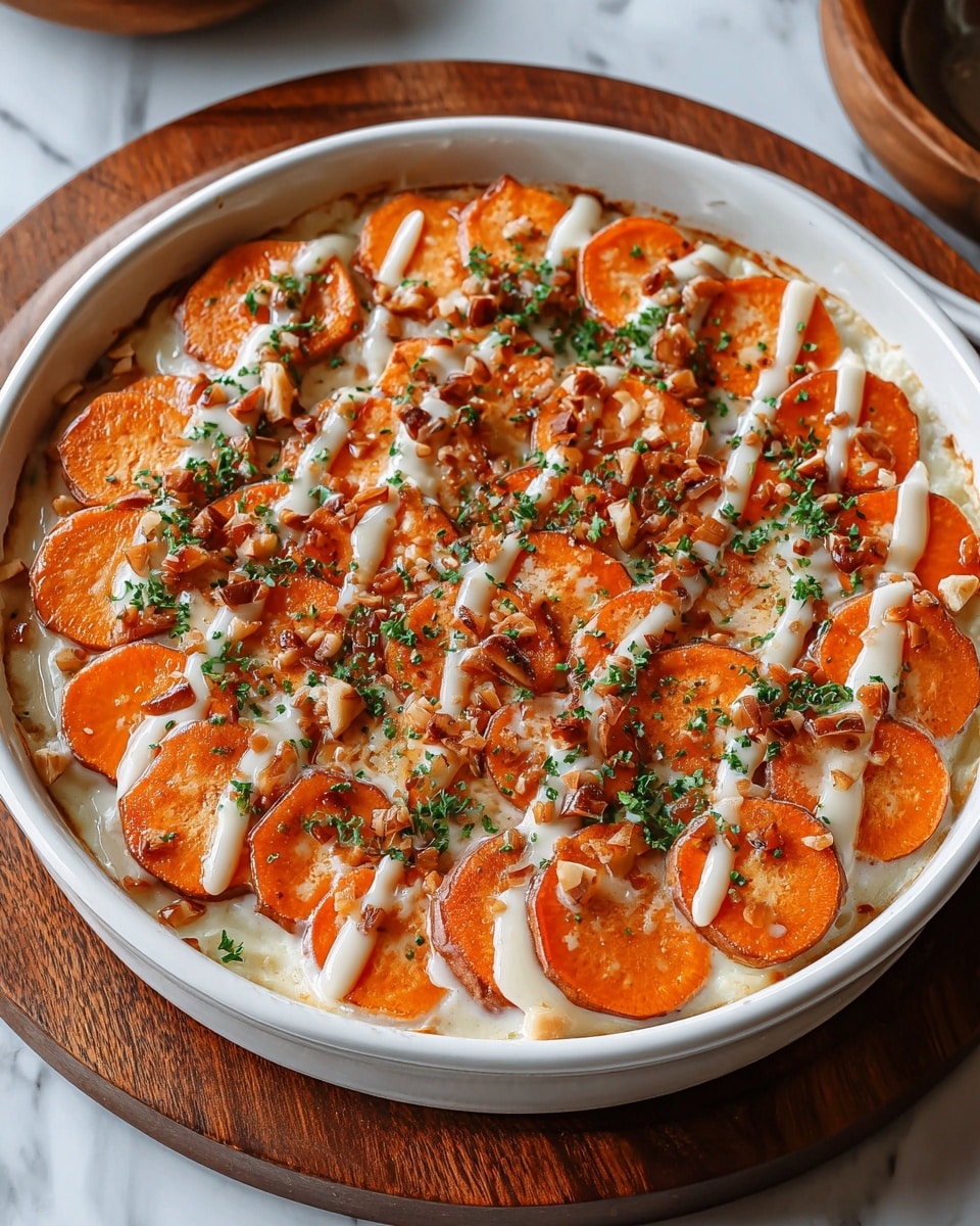 The dish shows a round white ceramic dish filled with two layers: the bottom layer is creamy and white, mostly hidden but slightly visible around the edges; the top layer is made of thin round orange slices of sweet potato arranged neatly in overlapping rows covering the whole surface; drizzled on top is a white creamy sauce spread in thin lines across the sweet potato slices; sprinkled on the dish are small brown bits of crunchy nuts and small green herb bits, giving texture and color contrast. The dish sits on a wooden board, placed on a white marbled surface. photo taken with an iphone --ar 4:5 --v 7
