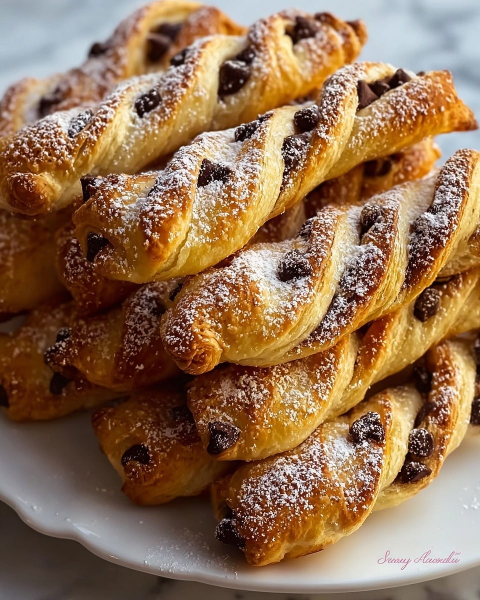 The image shows a close-up of a pile of golden brown pastry rolls with a twisted shape, visibly filled with dark chocolate chips scattered along each roll's length and peeking out at the edges. The surface of the pastries has a slightly crispy texture with a light dusting of white powdered sugar on top, creating a delicate contrast against the warm tone of the dough. The rolls are stacked closely together on a white plate placed on a white marbled surface, emphasizing the rich colors and details of the baked goods. photo taken with an iphone --ar 4:5 --v 7