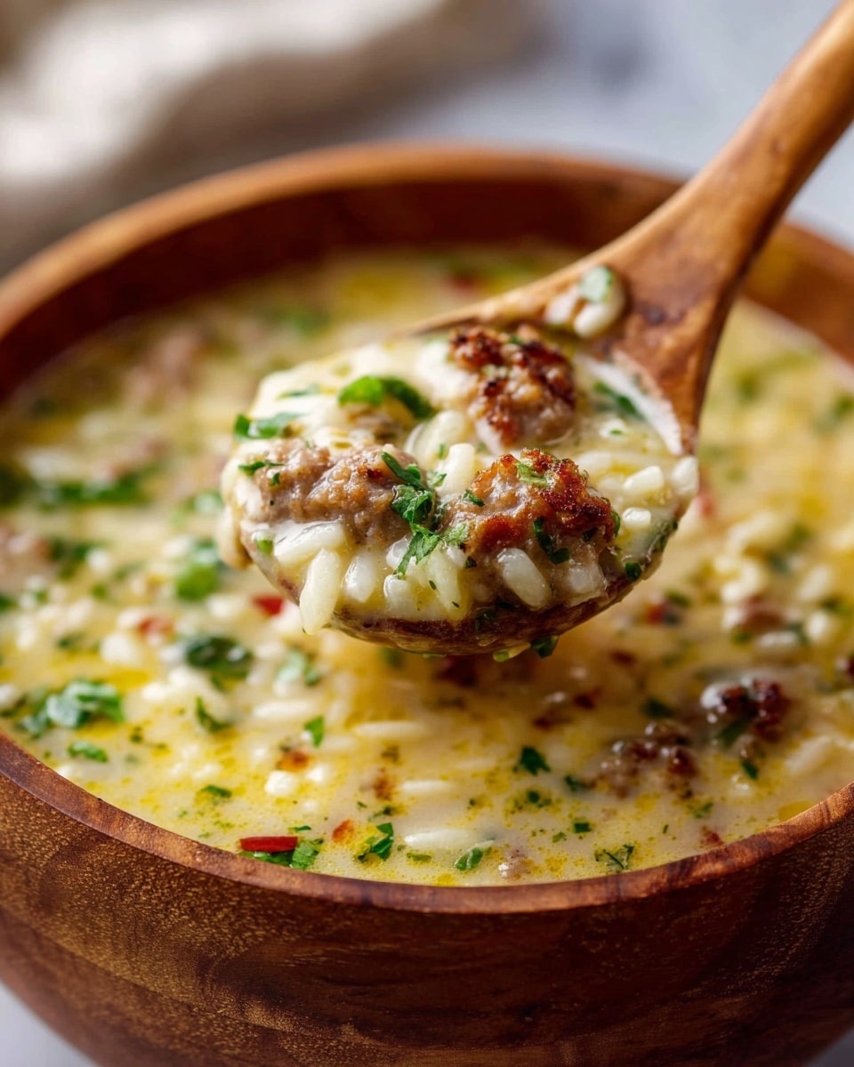 A wooden bowl filled with a creamy dish that has layers of white rice mixed with small bits of brown sausage and light yellow peppers spread throughout; three bright yellow pepper rings sit on top along with small green parsley leaves sprinkled over the surface, giving a fresh contrast; the bowl sits on a bright yellow cloth over a white marbled surface, with blurred green herbs and a wooden spoon in the background. photo taken with an iphone --ar 4:5 --v 7