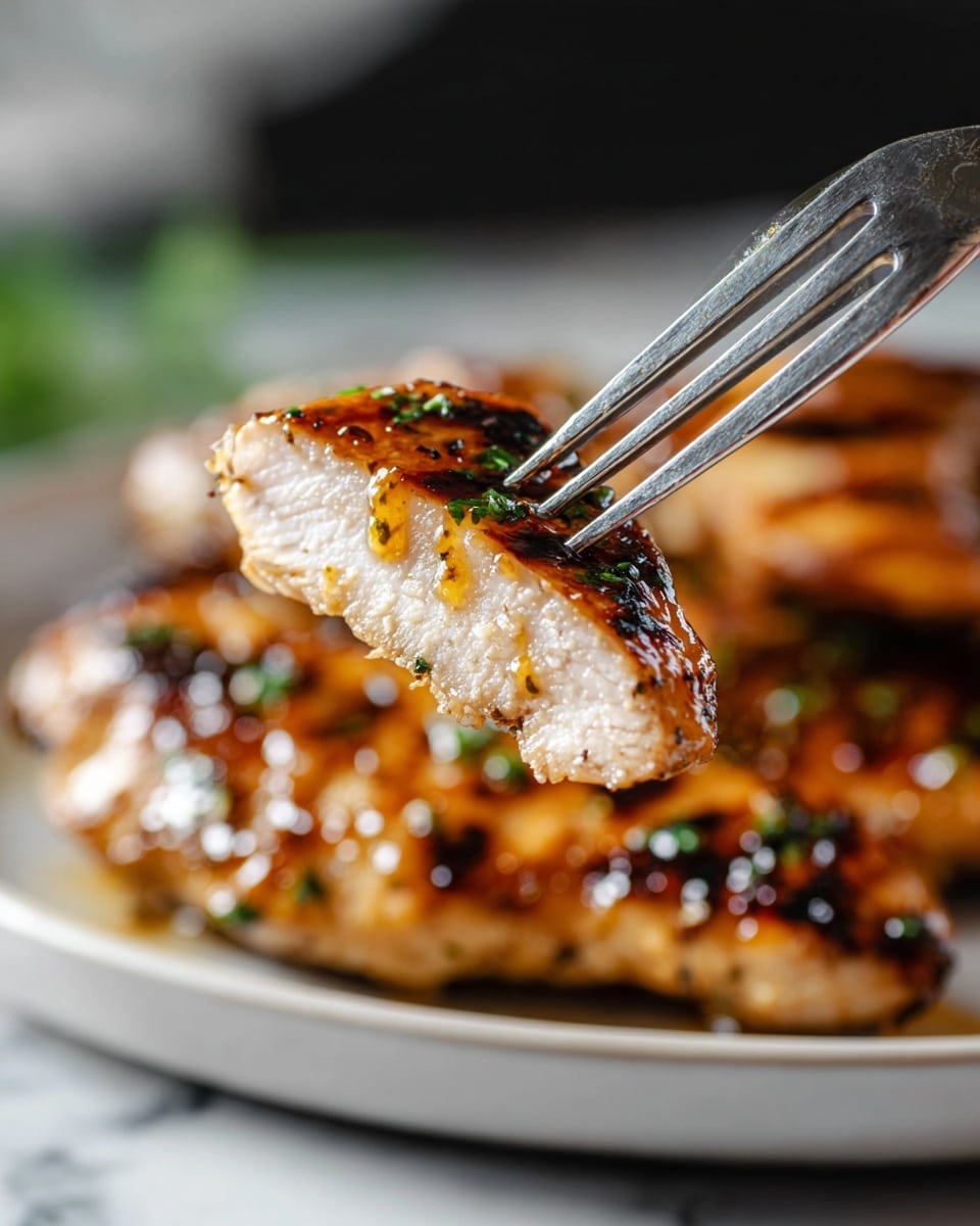 A close-up image of a piece of grilled chicken held by a fork, showing a juicy inside layer of white cooked meat with a slightly browned outer layer covered in a glossy sauce and sprinkled with small green herb bits and black pepper. In the background, more pieces of grilled chicken with the same golden-brown, glossy, and herb-speckled texture rest on a white plate, which sits on a white marbled surface. The lighting highlights the shine on the sauce and the texture of the chicken skin. Photo taken with an iphone --ar 4:5 --v 7