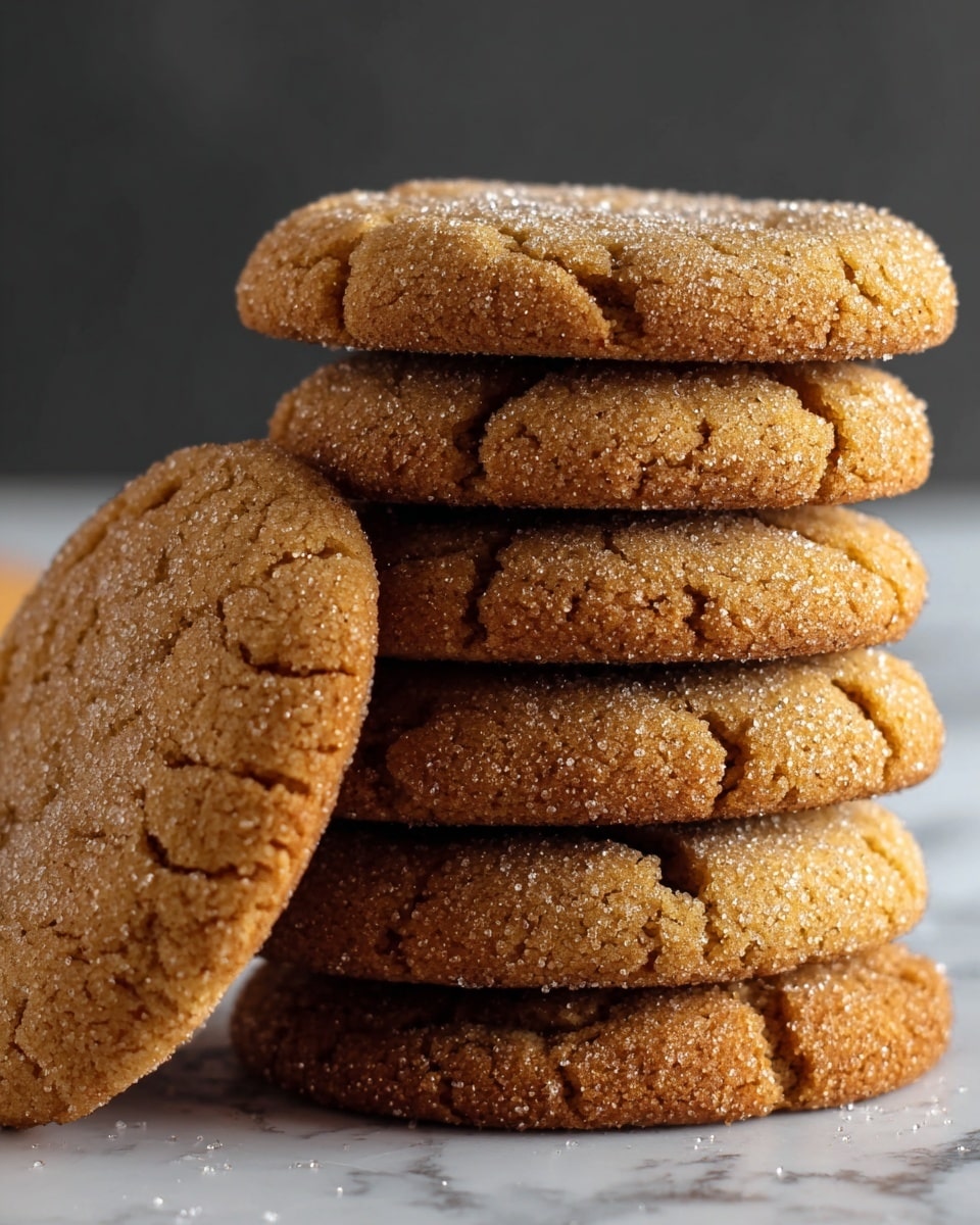 A close-up view of a stack of six round, golden-brown cookies with a cracked surface texture and a light sprinkling of sugar on top. One cookie is leaning against the stack, showing its rounded edge and crumbly texture. The cookies are placed on a white marbled surface with a slightly blurred dark background, bringing focus to the warm tones and granulated sugar details of the cookies. photo taken with an iphone --ar 4:5 --v 7