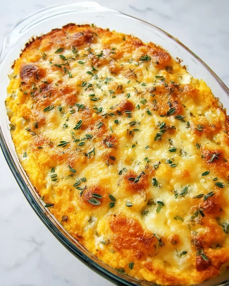 The dish is a baked casserole in a white oval baking dish. It has a golden-yellow layer at the bottom, likely a creamy or cheesy base, topped with a thick layer of melted white cheese that has browned spots and some bubbly golden areas. Small green herb leaves, possibly thyme, are sprinkled evenly across the top, adding texture and color contrast. The edges of the casserole are slightly browned and it rests on a wooden board over a white marbled textured surface with some green herbs visible nearby. photo taken with an iphone --ar 4:5 --v 7