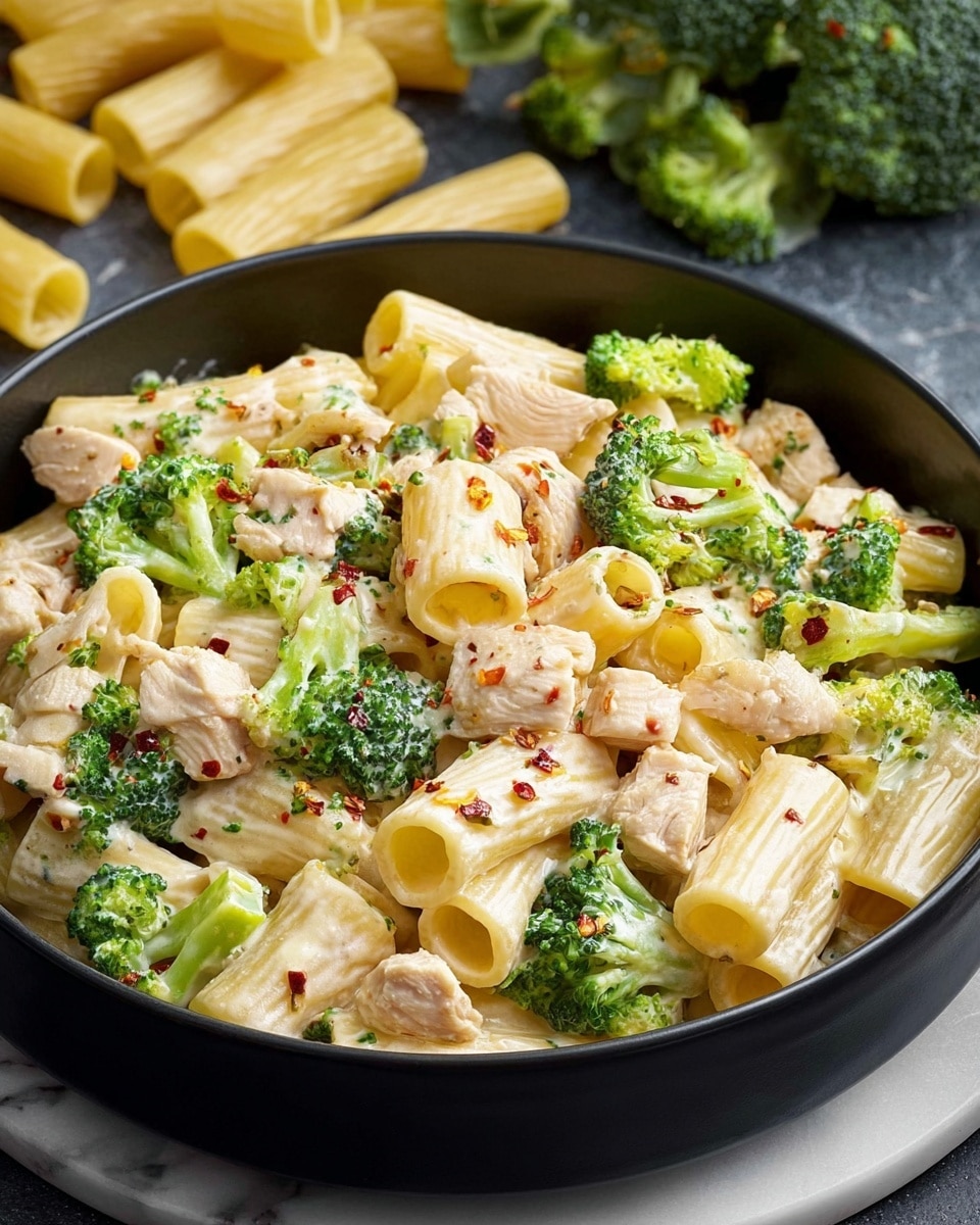 A close-up of a black bowl filled with rigatoni pasta in three layers: the bottom layer has creamy white sauce with visible herbs, the middle layer shows bright green broccoli florets mixed with small pieces of light golden-brown cooked chicken, and the top layer features rigatoni pasta tubes in pale yellow with some red chili flakes sprinkled on top, sitting on a white marbled surface with raw rigatoni and broccoli in the background. photo taken with an iphone --ar 4:5 --v 7