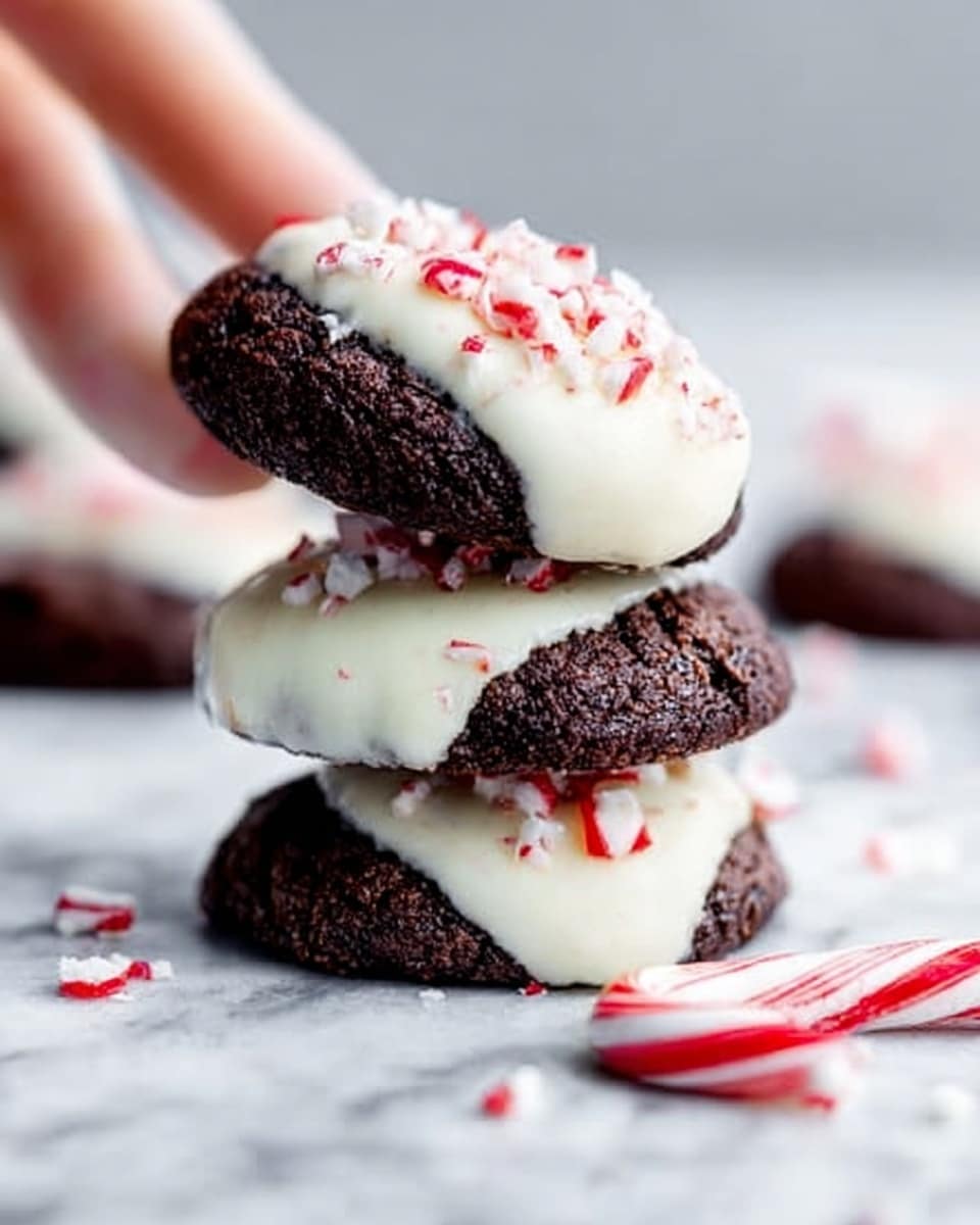 The image shows a stack of three round dark brown cookies with a rough texture. Each cookie is dipped halfway into smooth white frosting that covers the top half and drips slightly. Small broken pieces of red and white candy cane are sprinkled on the white frosting on each cookie. The stack is placed on a white marbled surface with a small whole candy cane lying nearby. A woman's hand is gently holding the top cookie in the stack. Photo taken with an iphone --ar 4:5 --v 7
