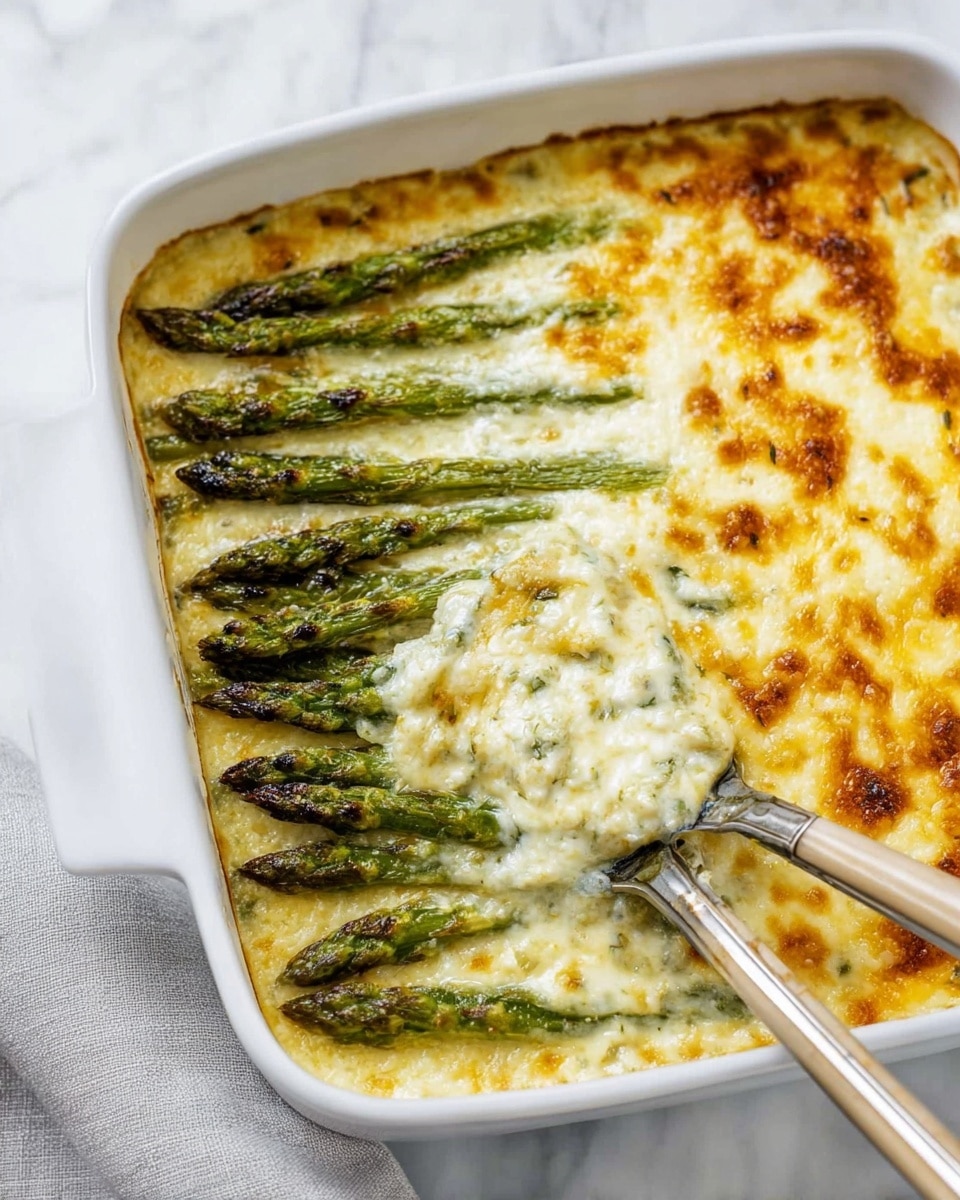 The dish is baked asparagus casserole in a white square baking dish on a white marbled surface. The casserole has two main layers: the bottom layer is whole green asparagus spears arranged in a neat row from top to bottom, and the top layer is thick melted golden-brown cheese mixed with a creamy white sauce that bubbles around the asparagus. The cheese layer has some small browned spots indicating it is well cooked. Two silver serving utensils with light tan handles are lifting some asparagus from the bottom right corner, showing the creamy sauce coating the vegetables. Photo taken with an iphone --ar 4:5 --v 7
