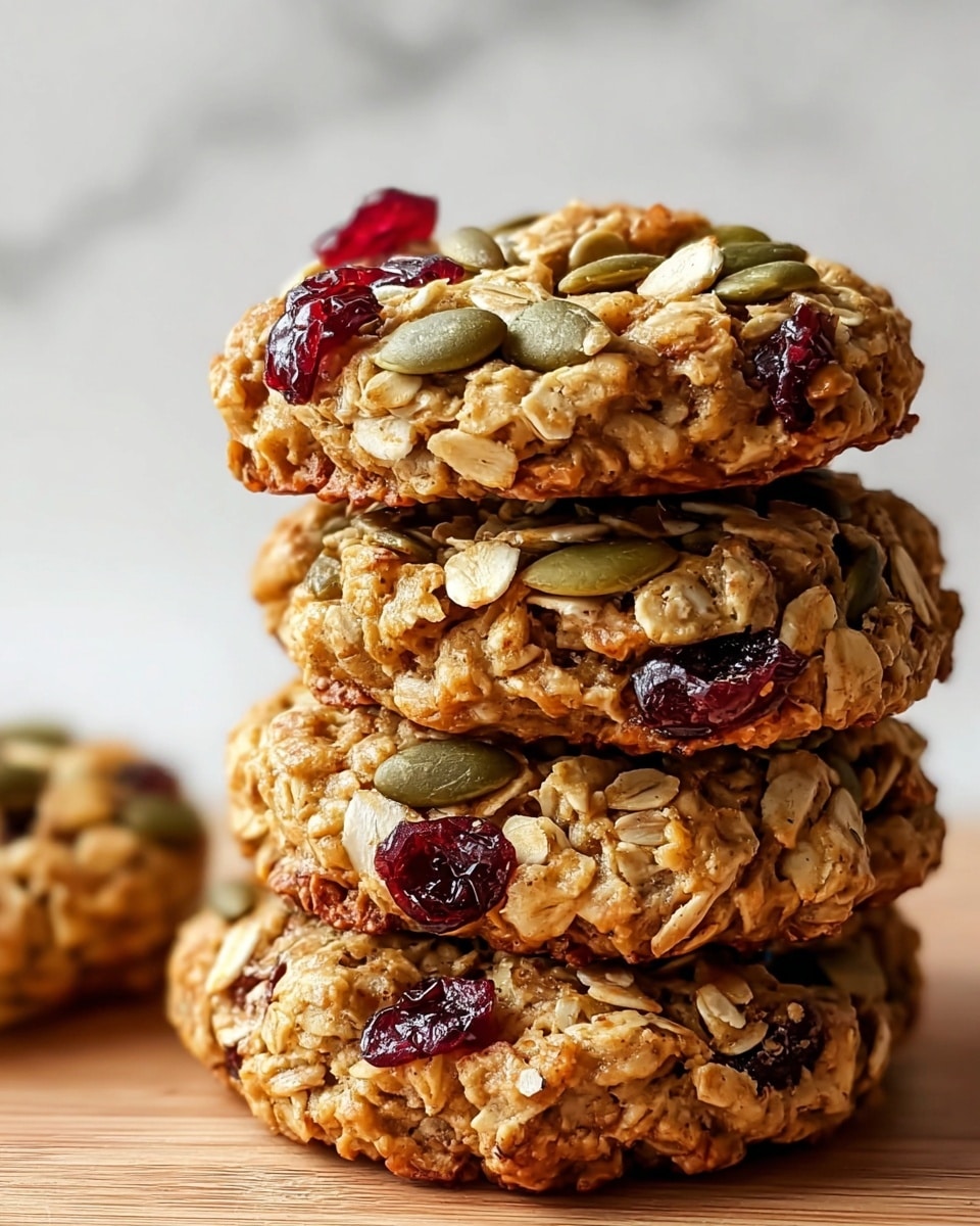 A stack of four oatmeal cookies is shown, each cookie thick with a rough, chunky texture made of oats, pumpkin seeds, and large dried cranberries scattered on top. The oats are pale beige, while the pumpkin seeds add a green and smooth contrast, and the cranberries bring deep red shiny pops of color. The cookies are unevenly round and appear moist and chewy, with visible bits of oats and seeds pressed into their golden-brown surface. The background is a white marbled texture. photo taken with an iphone --ar 4:5 --v 7