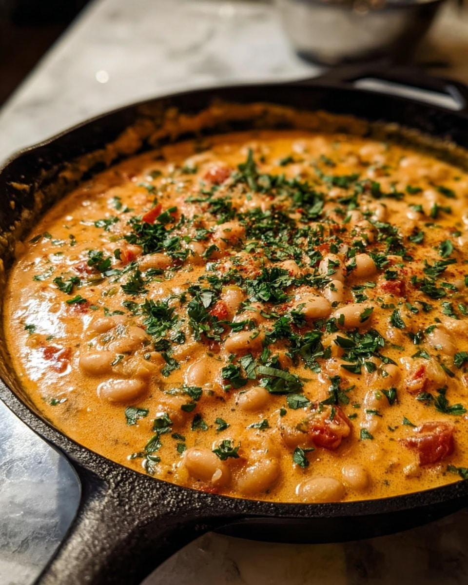 The image shows a close-up of a cooked dish in a black cast iron skillet. The dish has a creamy, light yellow base with visible green leaves of spinach or kale spread throughout. There are white beans scattered all over, along with pieces of green asparagus and bright red chunks of peppers. Thin slices of red onion add purple color, and small crispy brown bits, likely bacon or fried onions, are sprinkled on top. The dish looks rich and thick, with black pepper sprinkled across the surface. The skillet is placed on a stove with the background blurred out on a white marbled texture. Photo taken with an iphone --ar 4:5 --v 7