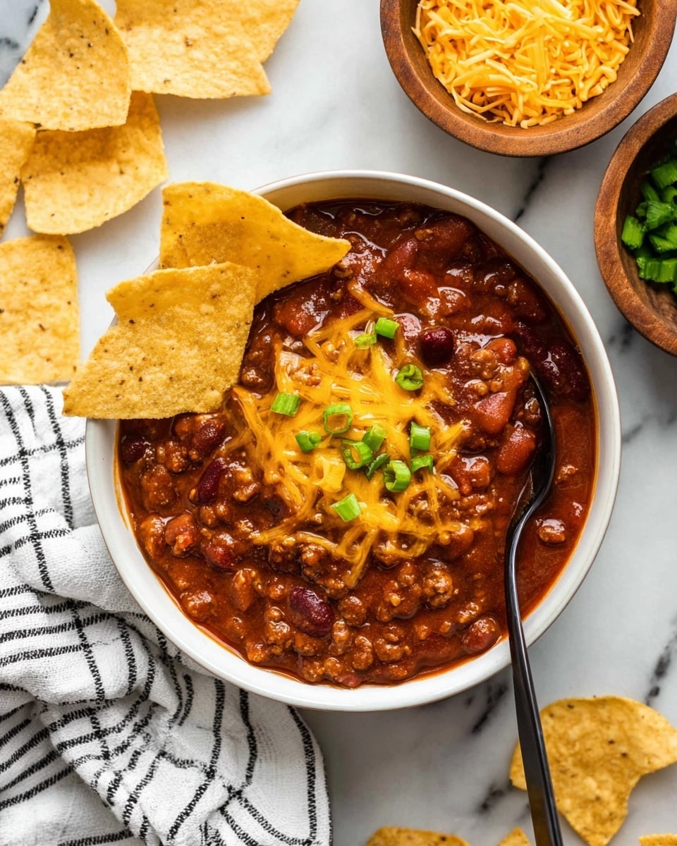 This image shows a white bowl filled with rich chili that has a thick, chunky texture made of beans and ground meat in a dark red sauce. On top, there is a layer of melted yellow cheddar cheese and small pieces of fresh green onions scattered over the cheese. Two golden yellow tortilla chips are placed inside the bowl, partly dipped into the chili on the left side. A black spoon rests inside the bowl on the right side, partly submerged in the chili. Around the bowl, more golden tortilla chips are spread on a white marbled texture surface. To the upper right, there are wooden bowls filled with shredded yellow cheese and chopped green onions. A white cloth with black stripes lies beneath the bowl in the lower left corner. Photo taken with an iphone --ar 4:5 --v 7