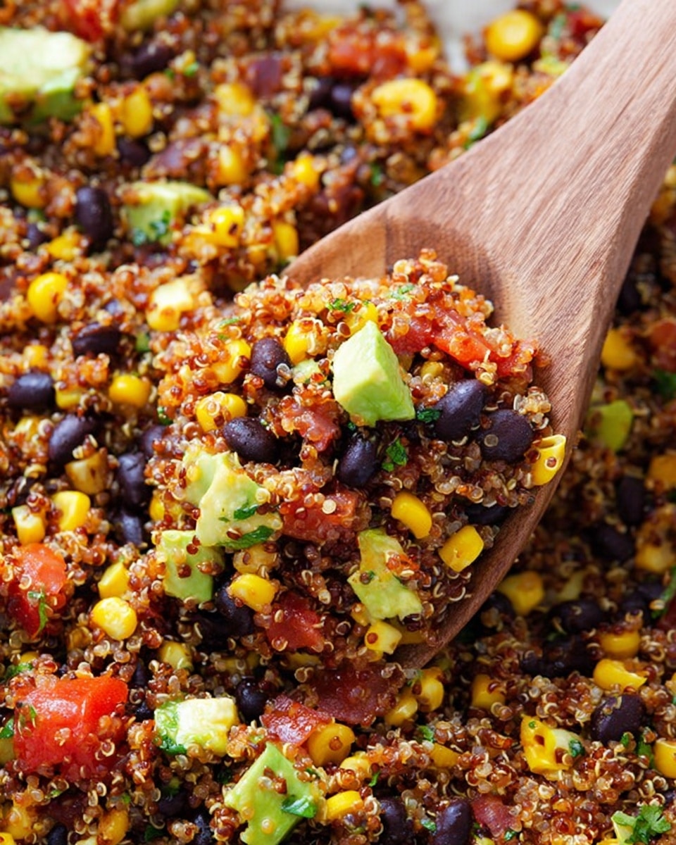 A blue cast iron pan filled with a colorful quinoa salad, showing three main layers: the base layer of fluffy, light orange quinoa grains, mixed evenly with bright yellow corn kernels and small black beans scattered throughout. On top of this are small chunks of green avocado, vibrant red diced tomatoes, and finely chopped green bell peppers. The textures range from the soft quinoa to the slightly firm corn and beans, with the fresh, juicy feel of the tomatoes and creamy avocado pieces. The pan is set on a white marbled surface. photo taken with an iphone --ar 4:5 --v 7